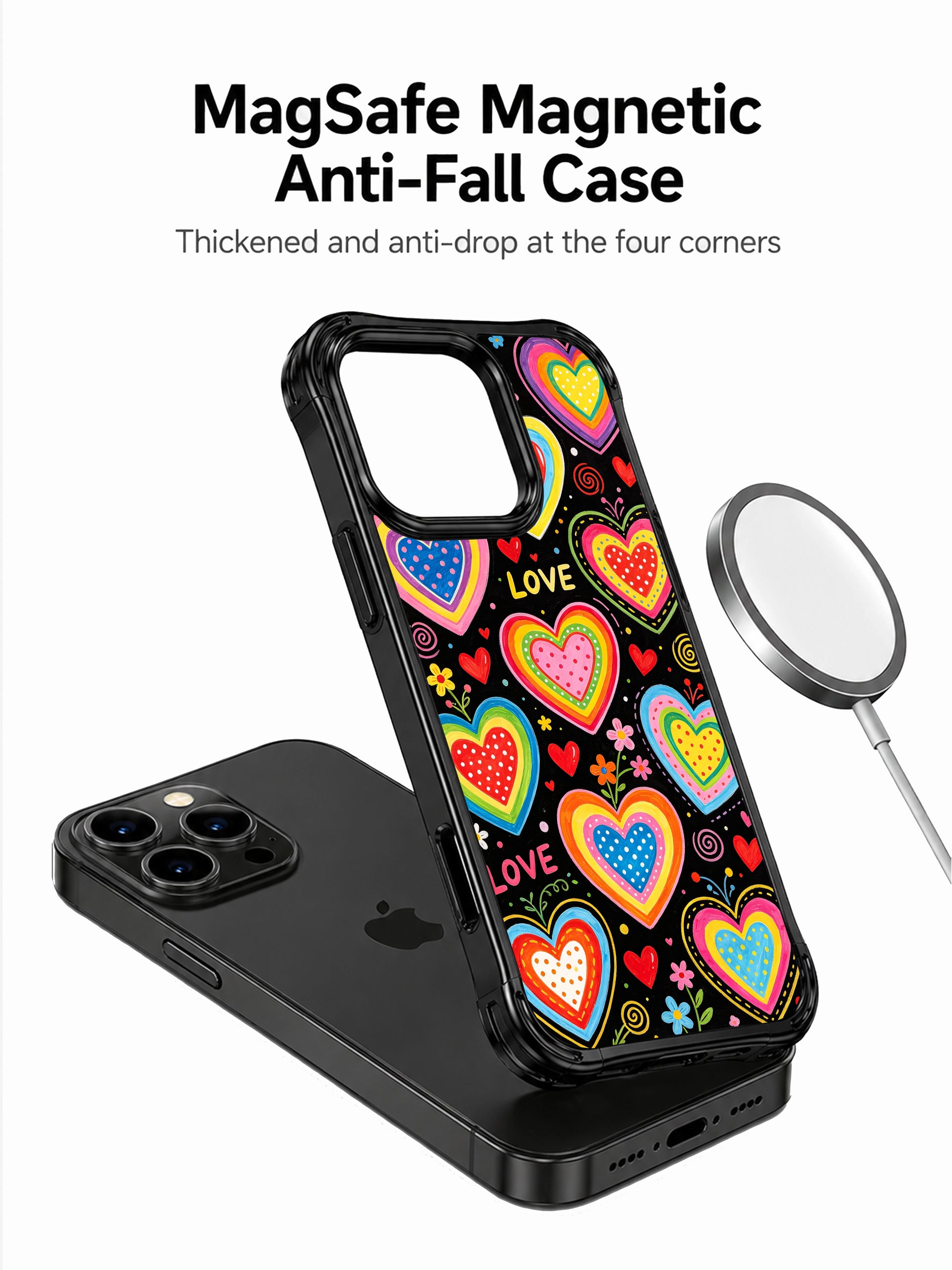 Trendy PhoneCasing iPhone 13 Pro Max case with all-over layered rainbow heart doodles, tiny floral swirl & LOVE letter accents, playful kidcore candy style protective casing
