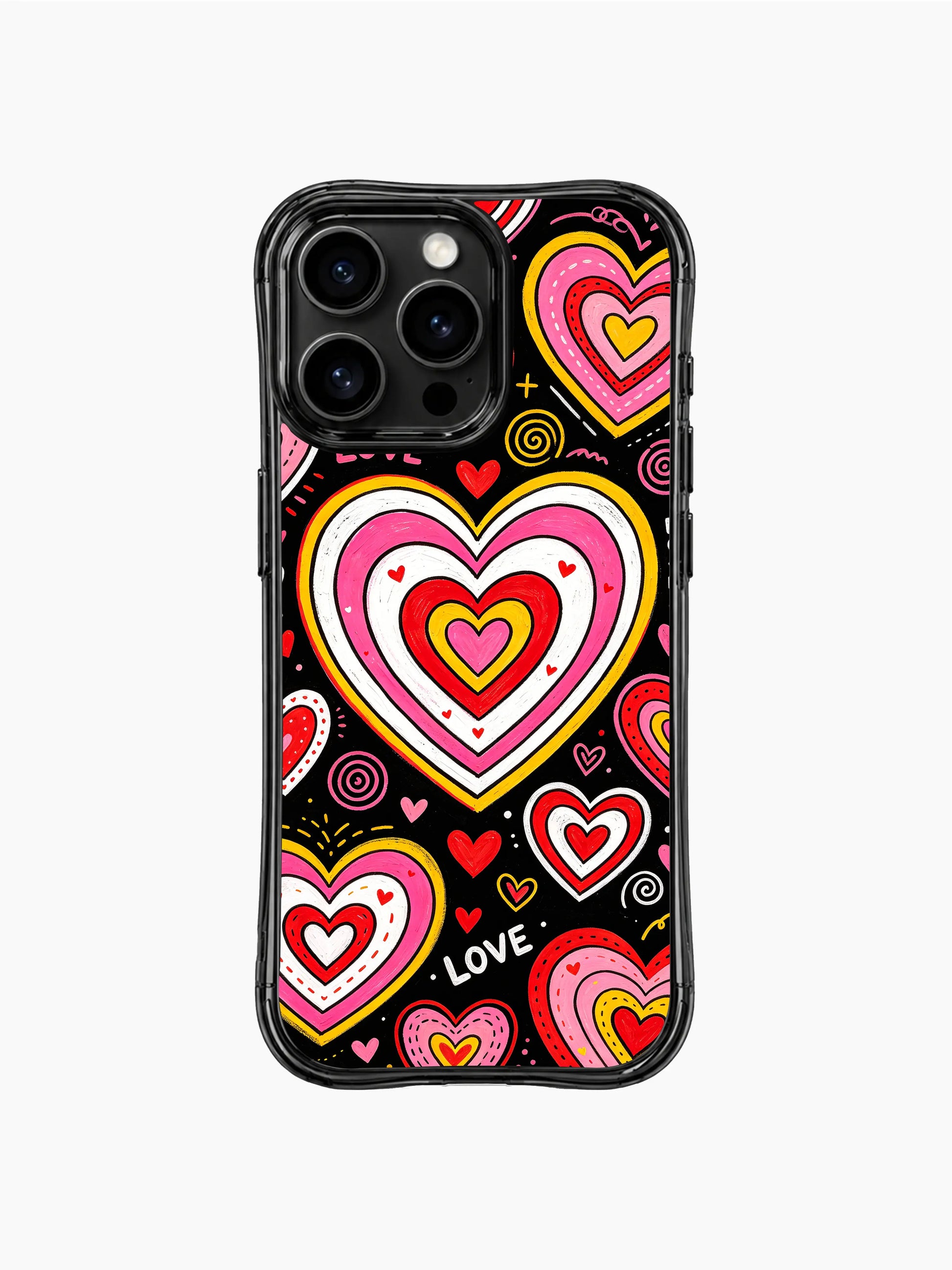 PhoneCasing iPhone 13 Pro Max cover matte black canvas filled with packed layered candy heart motifs, delivers sugary sweet whimsical crush vibe, soft playful youthful artistic casing.vvvv