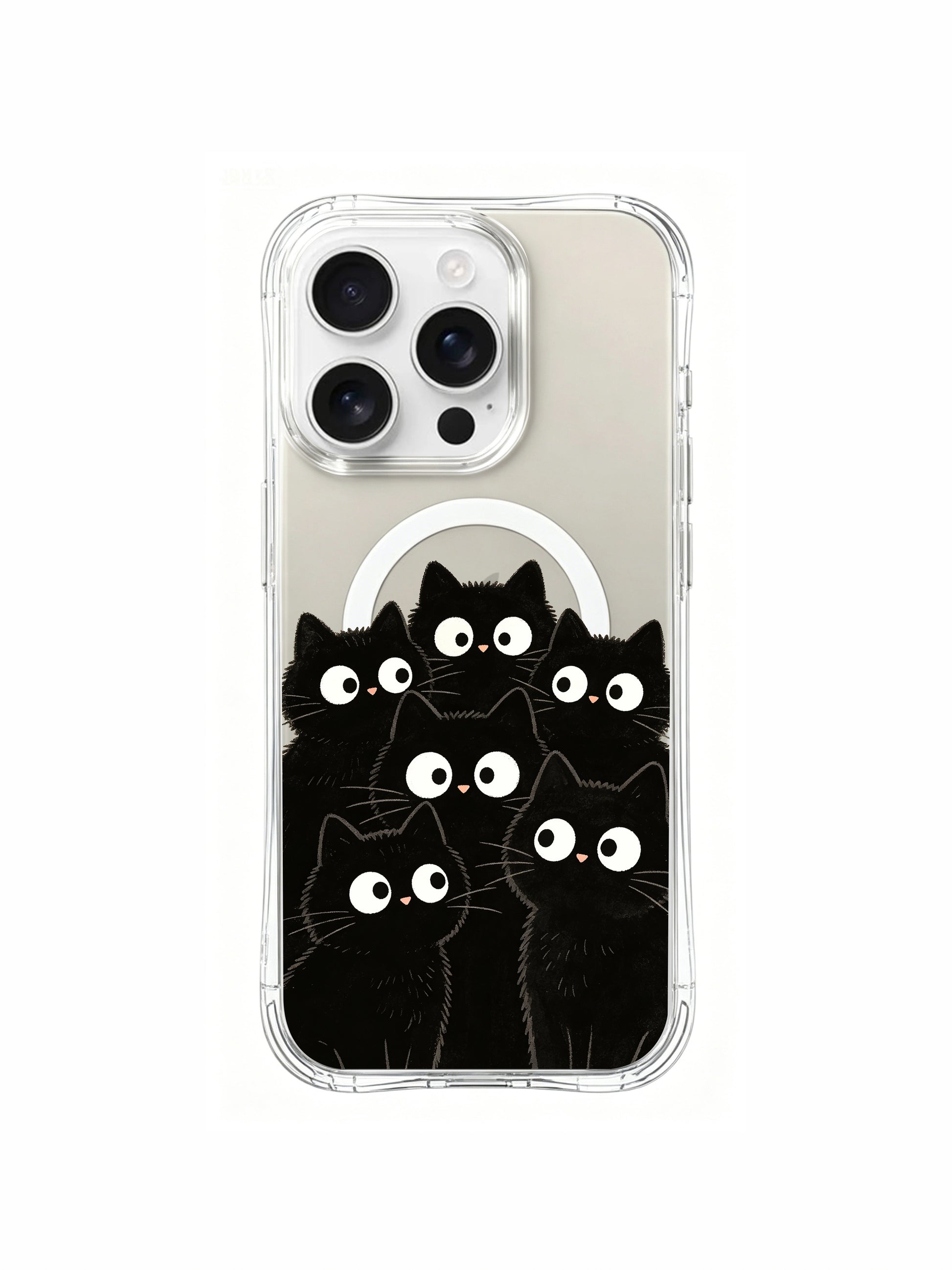 PhoneCasing iPhone 16 pro max MagSafe clear case featuring a group of round black cats with big eyes, whimsical art by Mimi Colorfield.