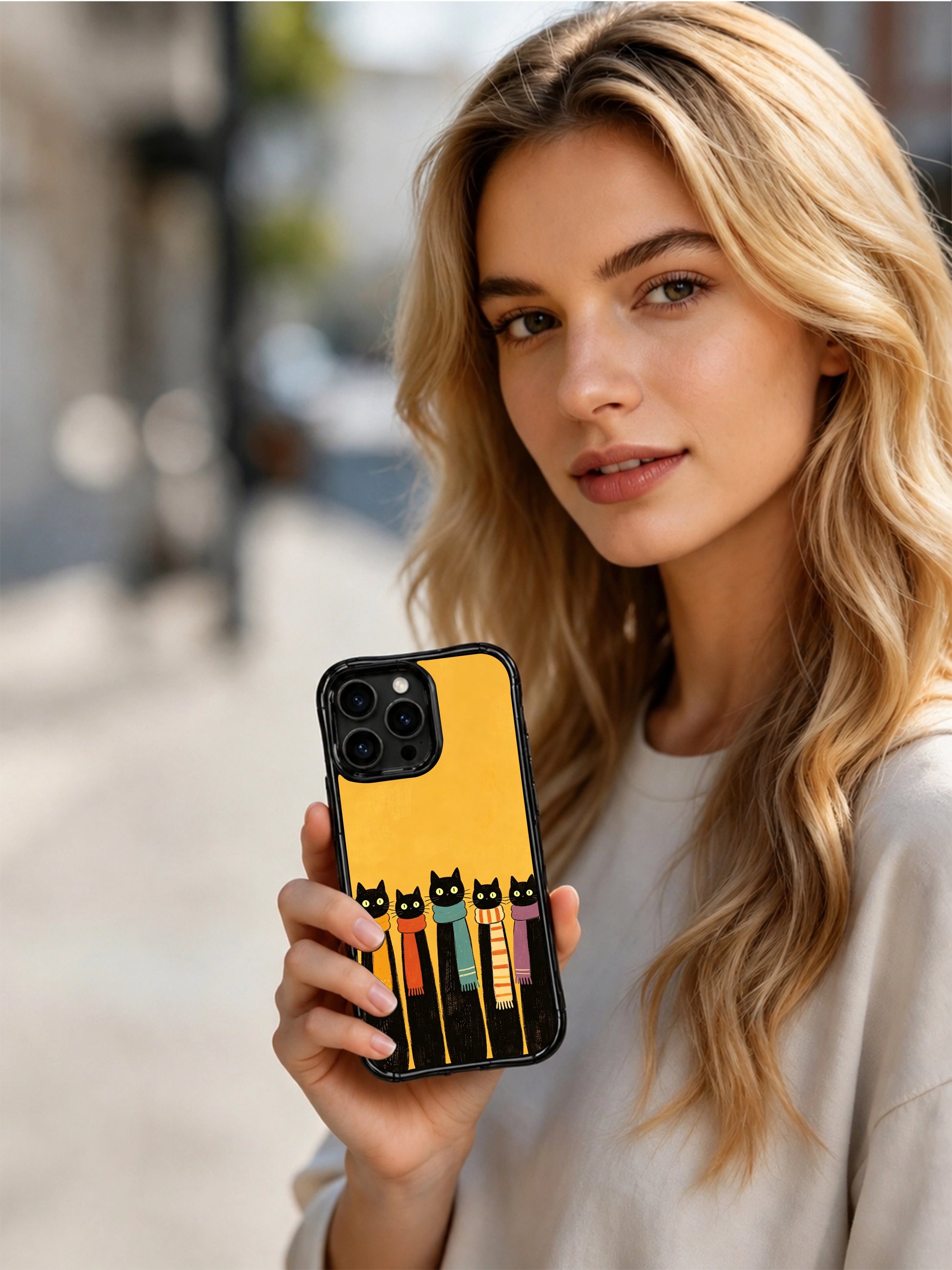 PhoneCasing iPhone 16 Pro Max with Black Cats in Winter Scarves art, charming hand-drawn felines with colorful accessories on a golden background.