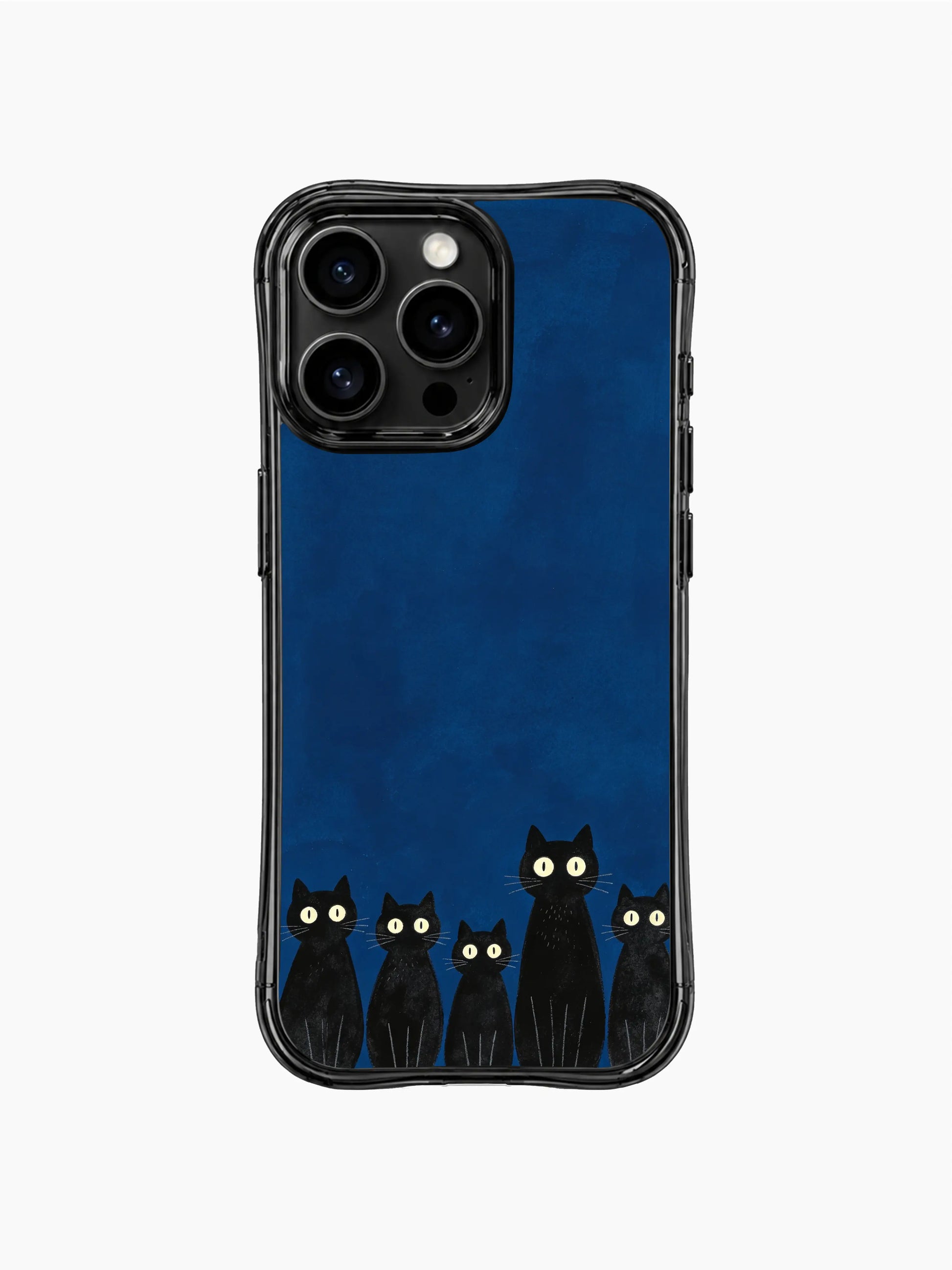 PhoneCasing iPhone 16 pro max case with black cats on night blue backdrop, mysterious, cute and full of quiet strength.