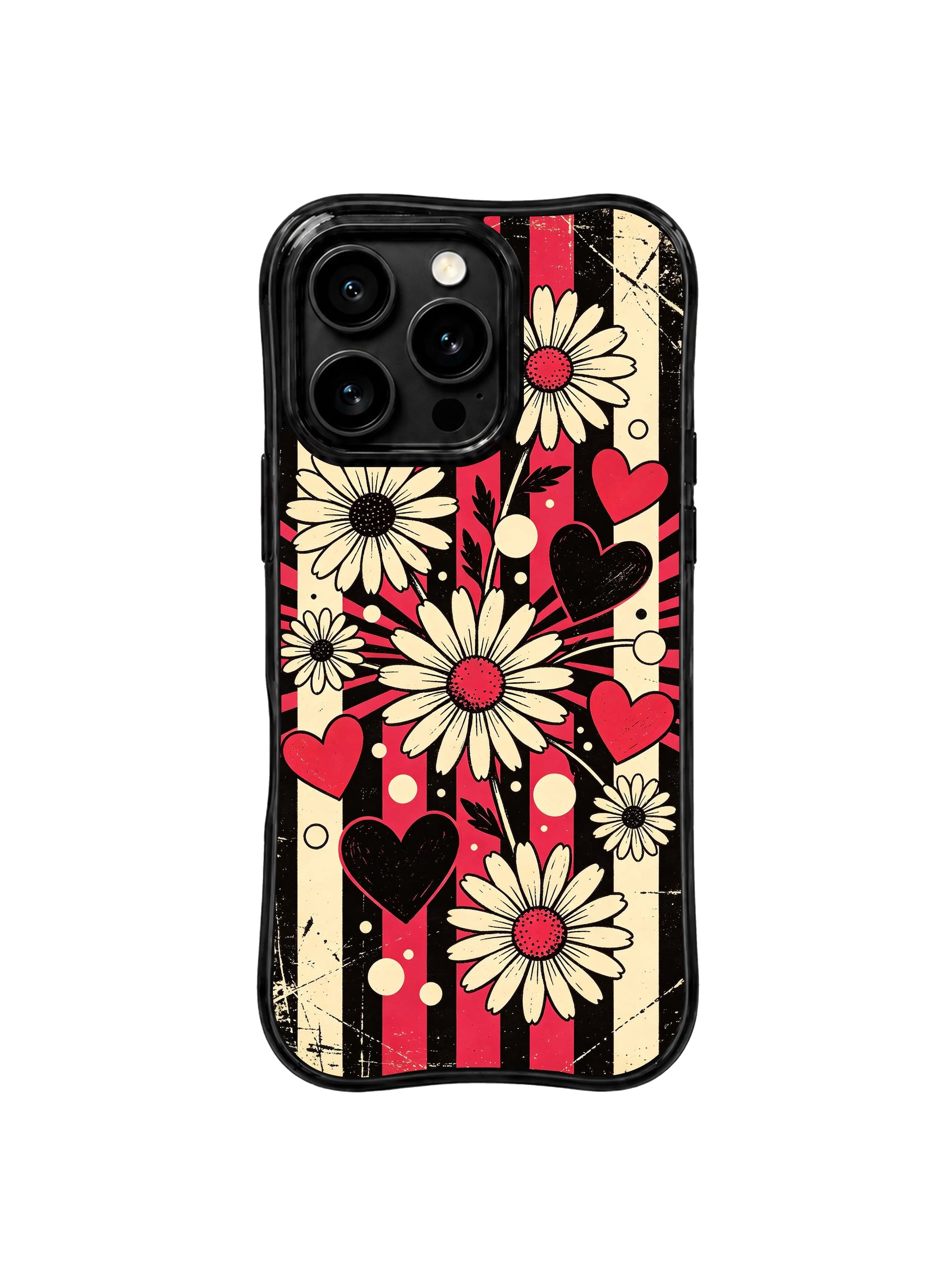 PhoneCasing iPhone 16 pro Case with subtle tiny worn scratch grain and uneven faded stripe distressing as layered vintage rock texture details, exclusive Ruby Daze wearable wavy black frame grunge floral sketch art.