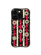 PhoneCasing iPhone 16 pro Case with organic uneven faded scratch cherry red & black vertical stripe texture crossing the canvas, paired with rhythm arranged vintage cream daisies and dual-tone hearts, Ruby Daze retro rock illustration, tough premium phone casing.