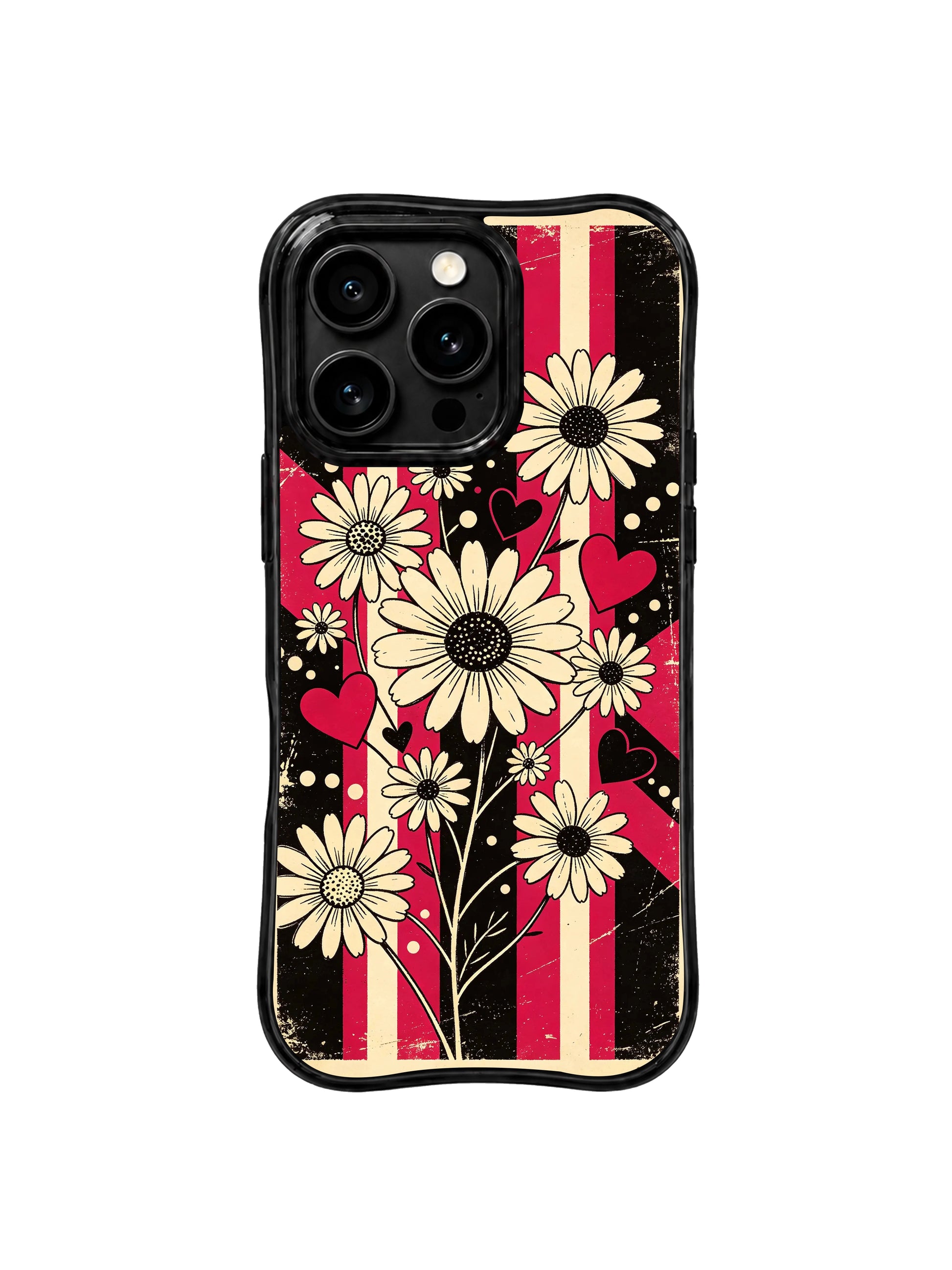 PhoneCasing iPhone 16 pro Case themed on steady inner resolve, bold unfiltered self-assurance and nostalgic rock-and-roll romantic flair with distressed vertical stripe rhythm daisy heart dot graphics, Ruby Daze Daisy Love Riot printed wavy art casing.