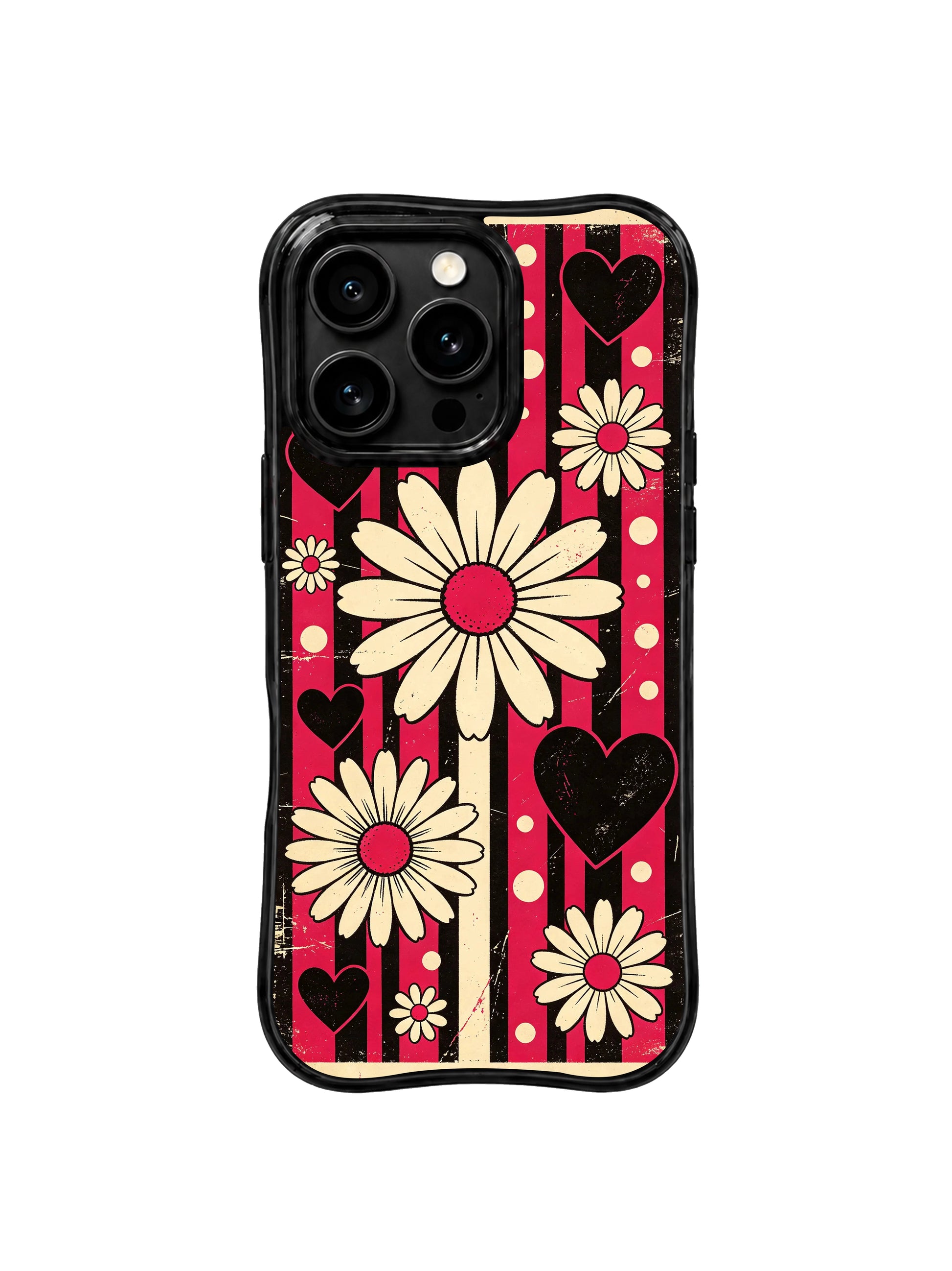 PhoneCasing iPhone 16 pro Case with soft floating cherry red & off-white heart silhouettes and scattered multi-size polka dot speckles adding gentle sweet balance to moody dark grunge vertical stripes, Ruby Daze confident nostalgic pop floral art, scratch resistant wavy casing.
