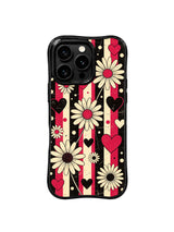 PhoneCasing iPhone 16 pro Case with scattered weightless cherry red & cream heart silhouettes drifting between worn cherry red-black vertical stripes and rhythm daisy blooms, playful Ruby Daze Black Cherry Daisy Beat retro floral design, stylish women’s phone casing.