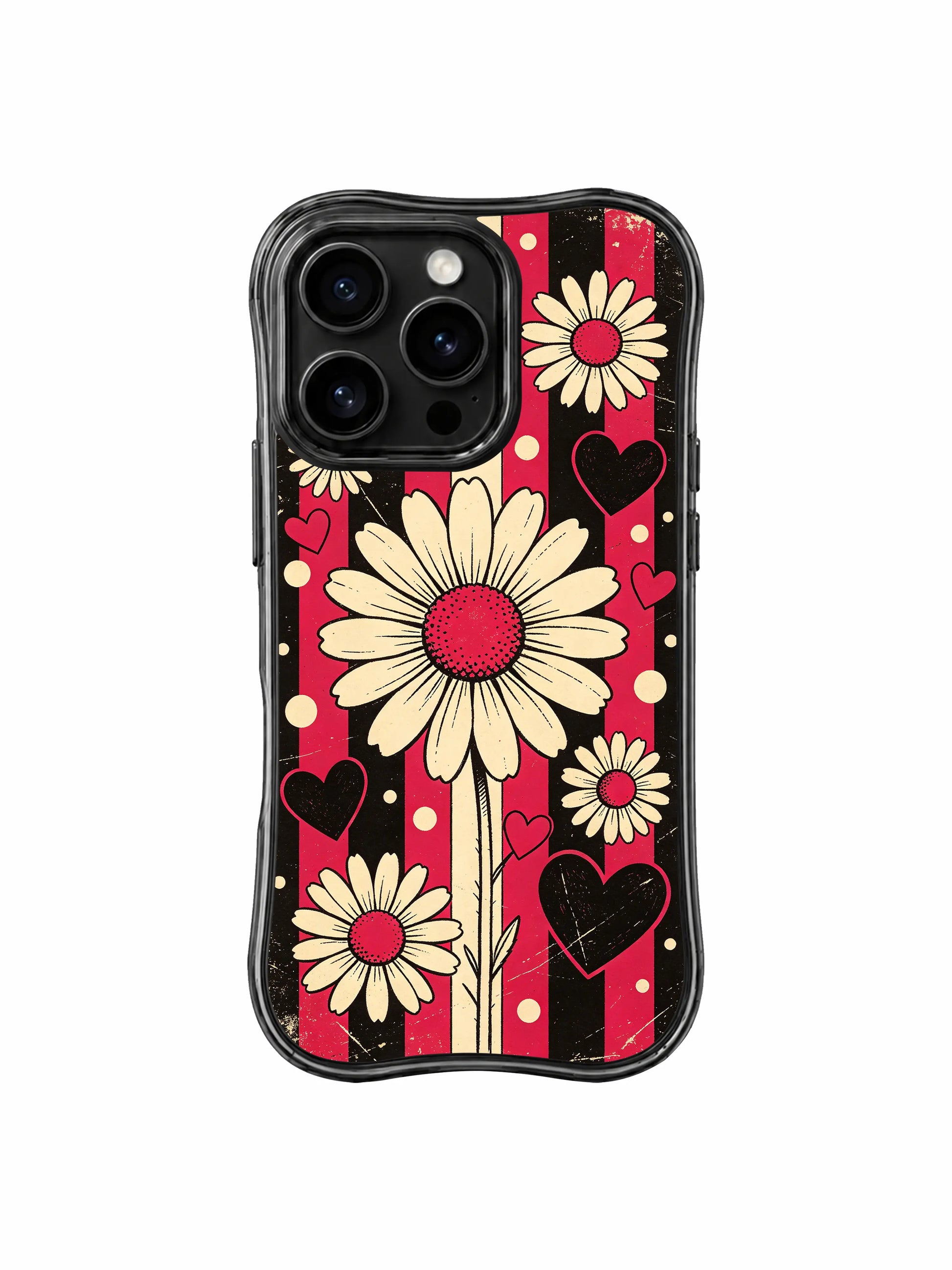 PhoneCasing iPhone 16 pro Case themed on steady inner resolve, bold unfiltered self-assurance and nostalgic rock-and-roll romantic flair with distressed vertical stripe rhythm daisy heart dot graphics, Ruby Daze Daisy Love Riot printed wavy art casing.