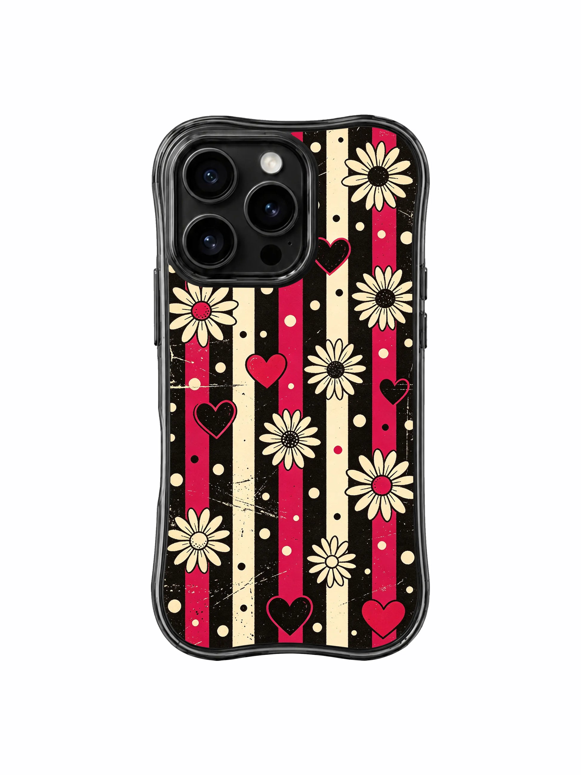 PhoneCasing iPhone 16 pro Case with soft floating cherry red & off-white heart silhouettes and scattered multi-size polka dot speckles adding gentle sweet balance to moody dark grunge vertical stripes, Ruby Daze confident nostalgic pop floral art, scratch resistant wavy casing.