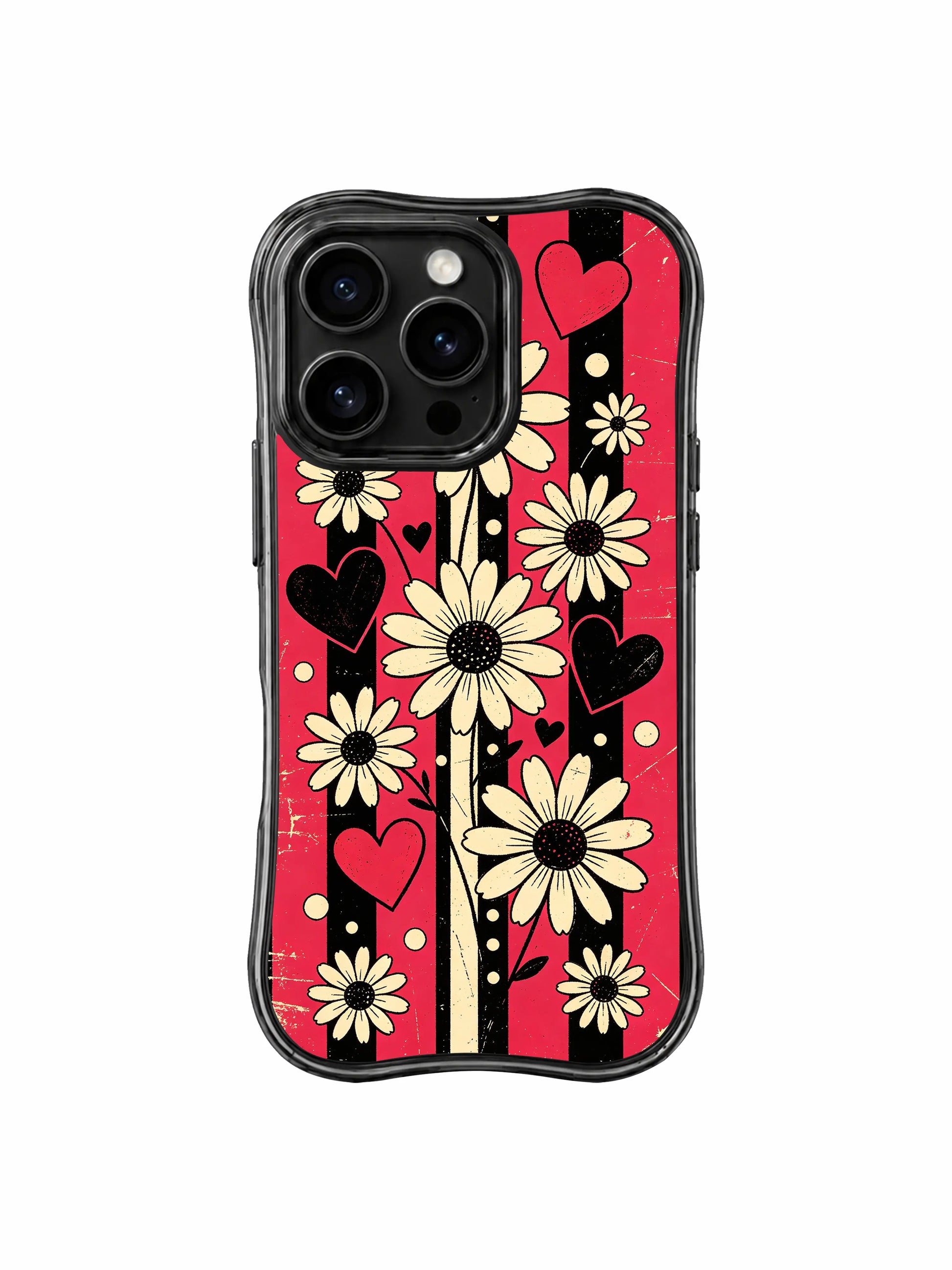 PhoneCasing iPhone 16 pro Case with scattered weightless cherry red & cream heart silhouettes drifting between worn cherry red-black vertical stripes and rhythm daisy blooms, playful Ruby Daze Black Cherry Daisy Beat retro floral design, stylish women’s phone casing.