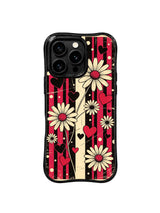 PhoneCasing iPhone 16 pro Case with full-coverage balanced layered worn cherry red-black vertical stripe rhythm daisy heart dot layout delivering cool mature retro mood without overly childish sweetness, Ruby Daze self-assured vintage rock design, slim lightweight wavy premium case.