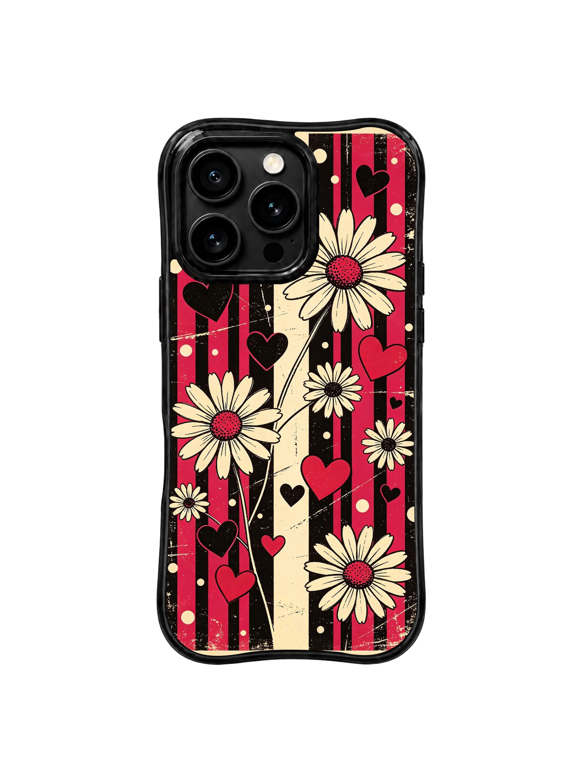 PhoneCasing iPhone 16 pro Case with full-coverage balanced layered worn cherry red-black vertical stripe rhythm daisy heart dot layout delivering cool mature retro mood without overly childish sweetness, Ruby Daze self-assured vintage rock design, slim lightweight wavy premium case.