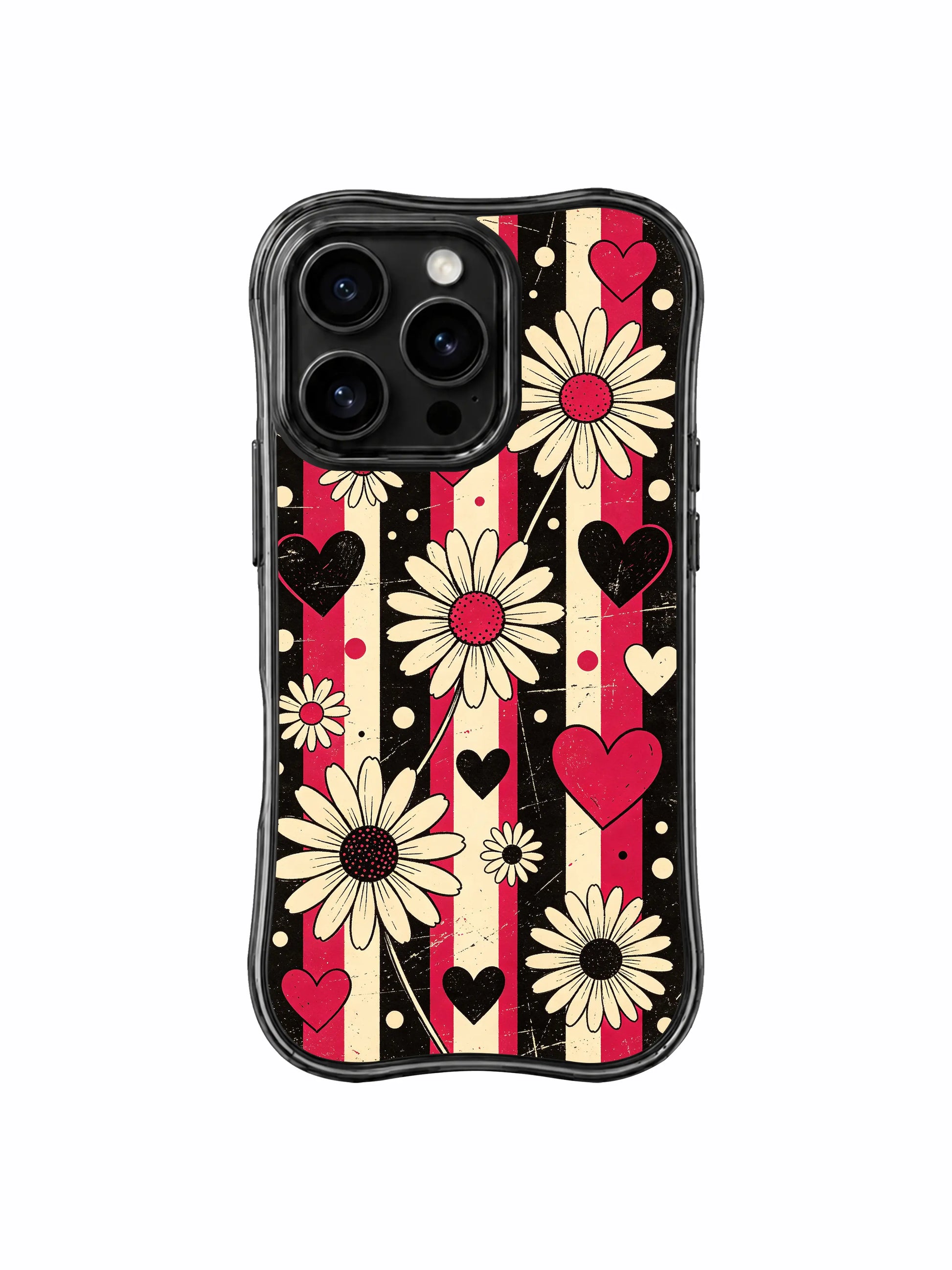PhoneCasing iPhone 16 pro Case with full-coverage balanced layered worn cherry red-black vertical stripe rhythm daisy heart dot layout delivering cool mature retro mood without overly childish sweetness, Ruby Daze self-assured vintage rock design, slim lightweight wavy premium case