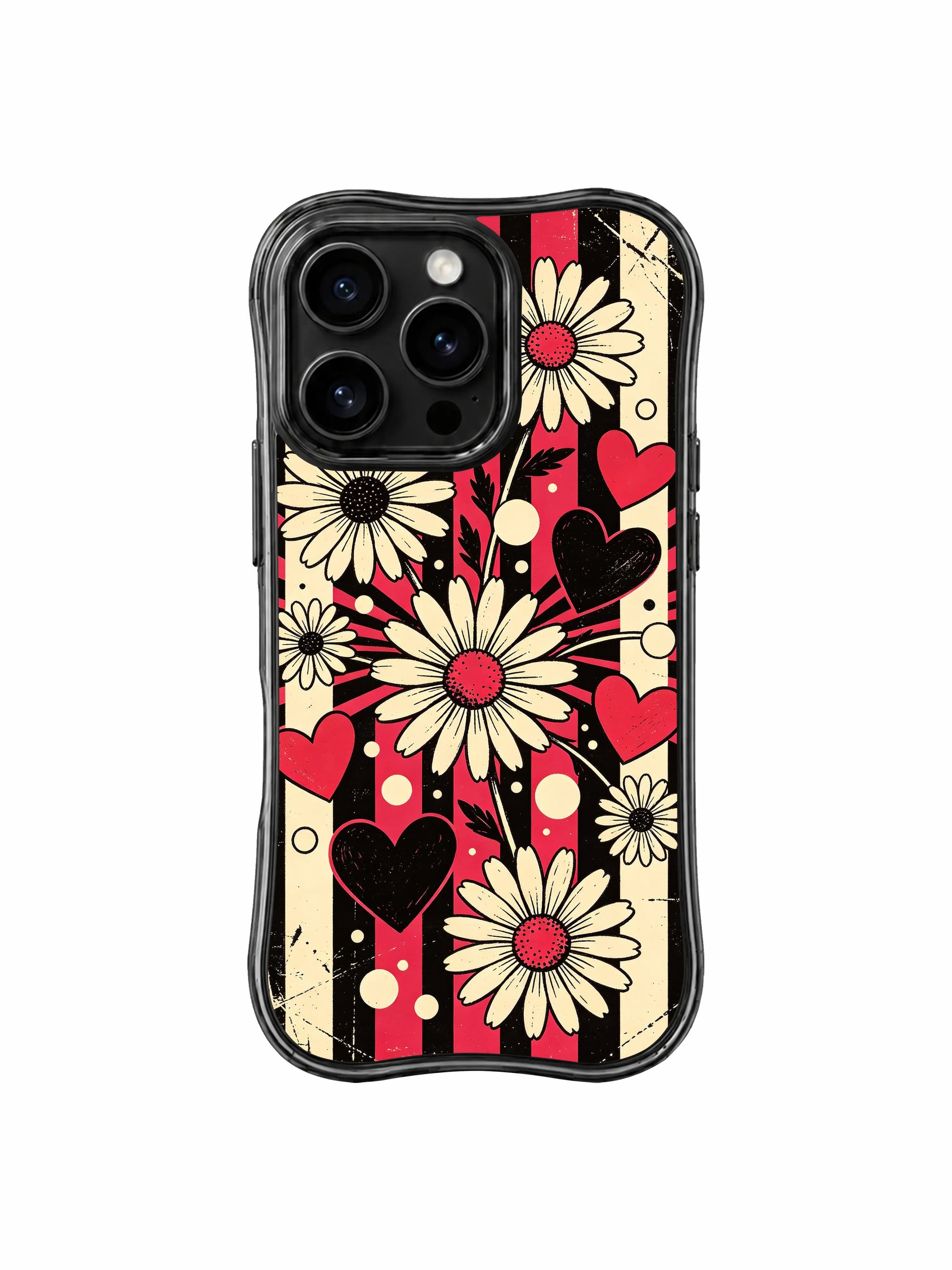 PhoneCasing iPhone 16 pro Case featuring deep moody matte black vintage grunge backdrop layered worn cherry red vertical stripes and rhythm spaced cream block-print daisies from Ruby Daze Black Cherry Daisy Beat, wavy black frame premium art casing for iPhone 16 pro.