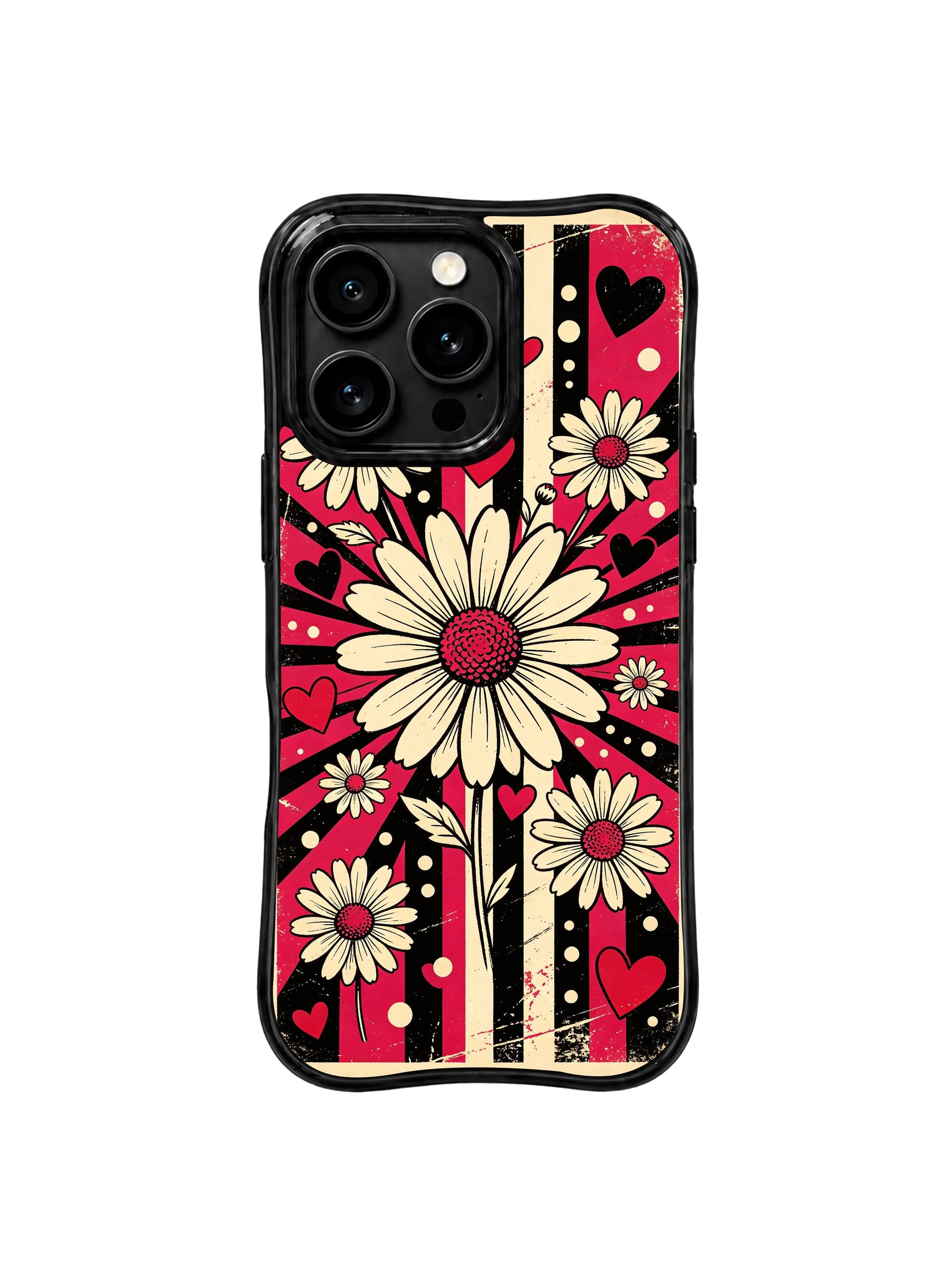 PhoneCasing iPhone 16 pro Case with imperfect organic rough block-print outlines for vintage cream daisy petals adding raw retro rock counterbalance to soft heart dot accents, Ruby Daze handmade alt punk grunge pop art, gallery grade wavy print casing.