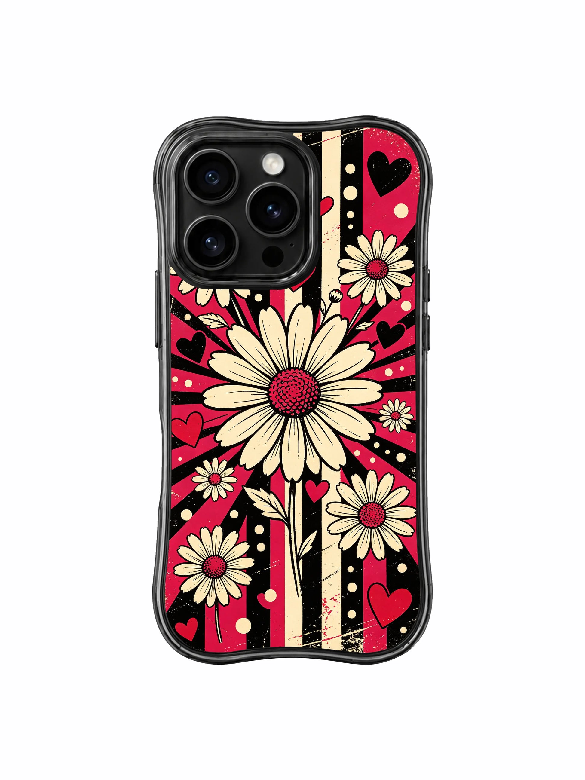 PhoneCasing iPhone 16 pro Case with imperfect organic rough block-print outlines for vintage cream daisy petals adding raw retro rock counterbalance to soft heart dot accents, Ruby Daze handmade alt punk grunge pop art, gallery grade wavy print casing.