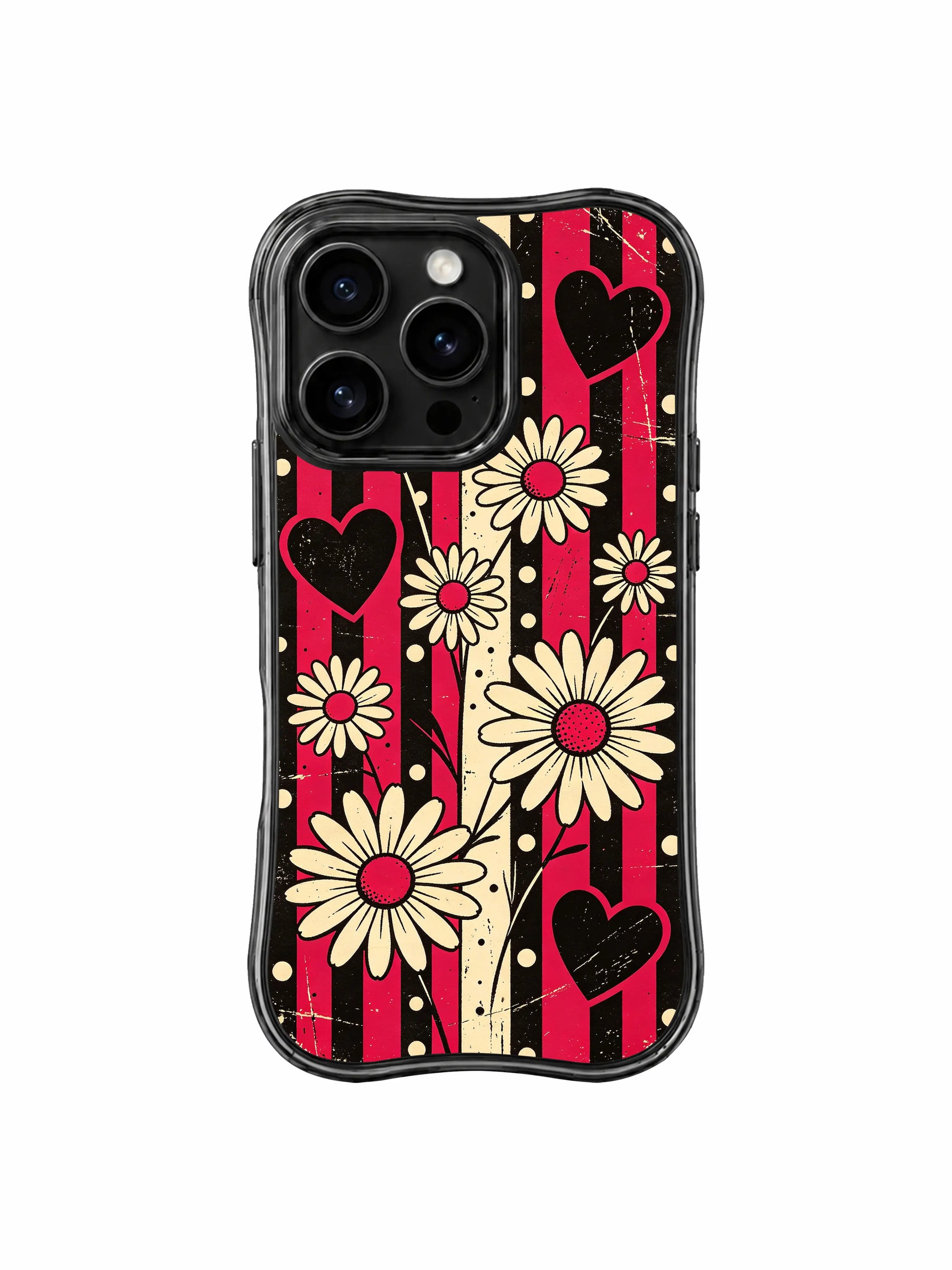 PhoneCasing iPhone 16 pro Case with subtle tiny worn scratch grain and uneven faded stripe distressing as layered vintage rock texture details, exclusive Ruby Daze wearable wavy black frame grunge floral sketch art.