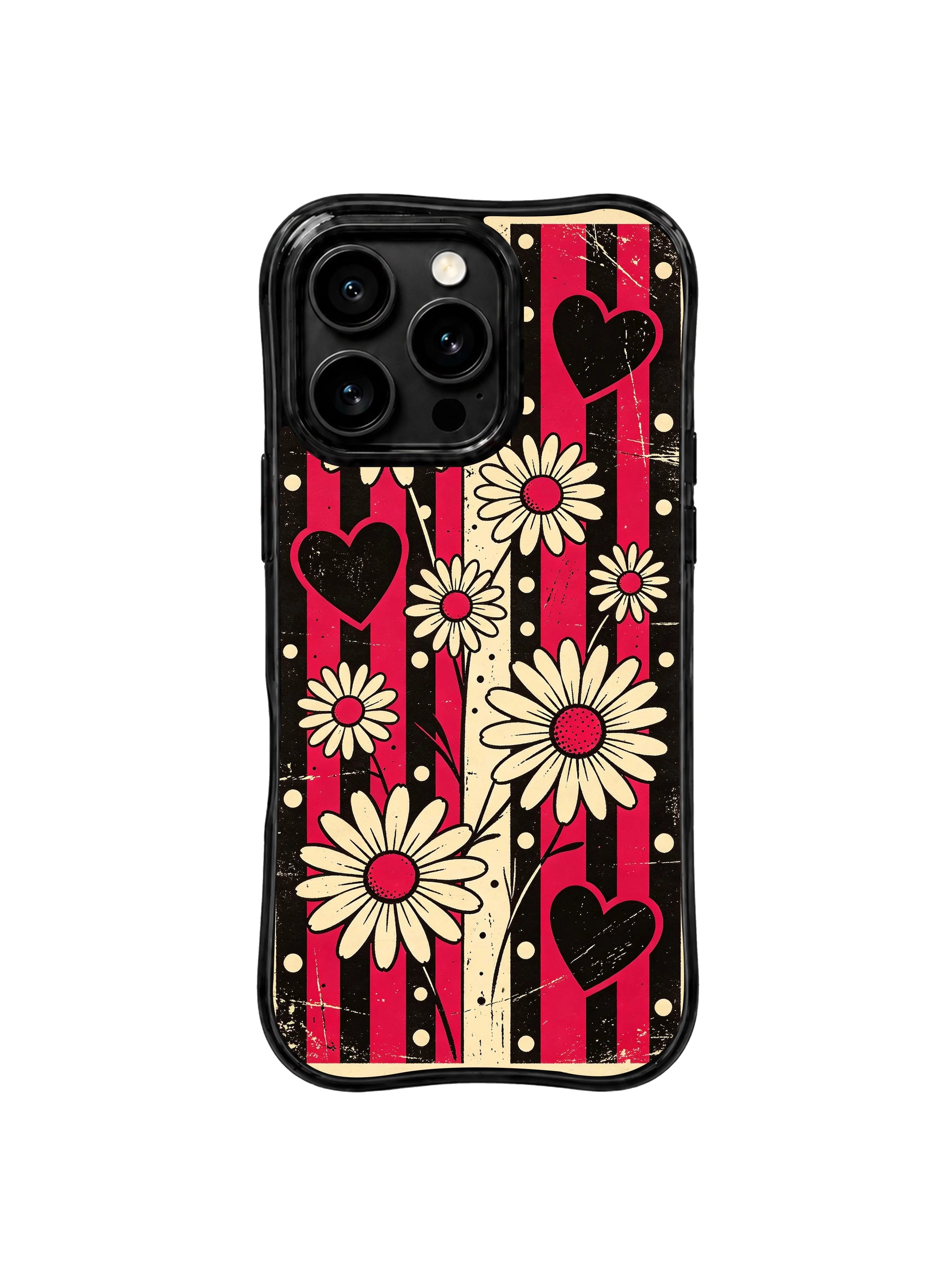 PhoneCasing iPhone 16 pro Case with nostalgic 90s alt punk record store wall poster composition built on worn cherry red-black vertical grunge stripes and rhythm daisy heart dot silhouettes, exclusive Ruby Daze artist collab heavy-duty protective art case.