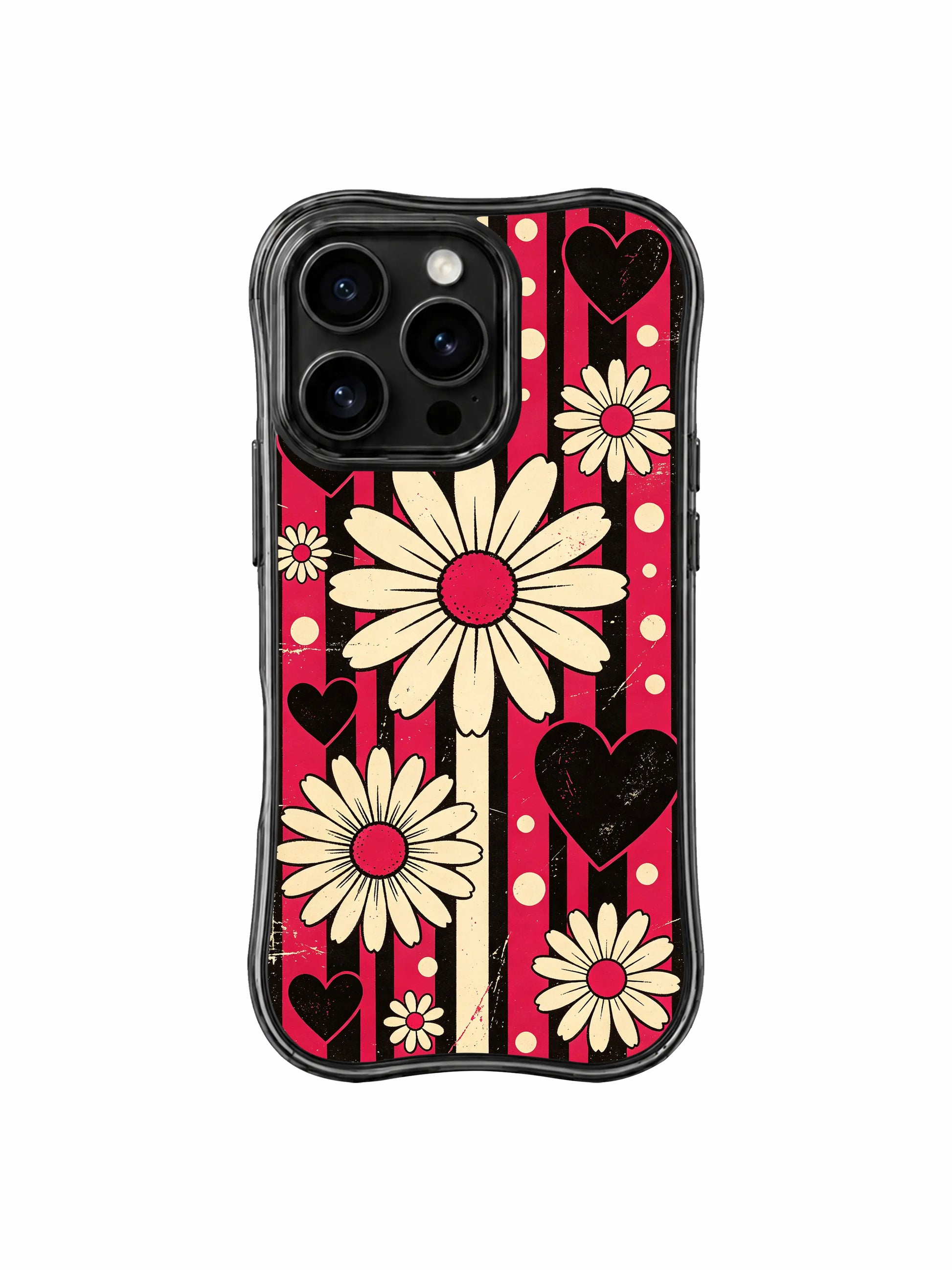 PhoneCasing iPhone 16 pro Case with organic uneven faded scratch cherry red & black vertical stripe texture crossing the canvas, paired with rhythm arranged vintage cream daisies and dual-tone hearts, Ruby Daze retro rock illustration, tough premium phone casing.