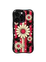 PhoneCasing iPhone 16 pro Case featuring deep moody matte black vintage grunge backdrop layered worn cherry red vertical stripes and rhythm spaced cream block-print daisies from Ruby Daze Black Cherry Daisy Beat, wavy black frame premium art casing for iPhone 16 pro.