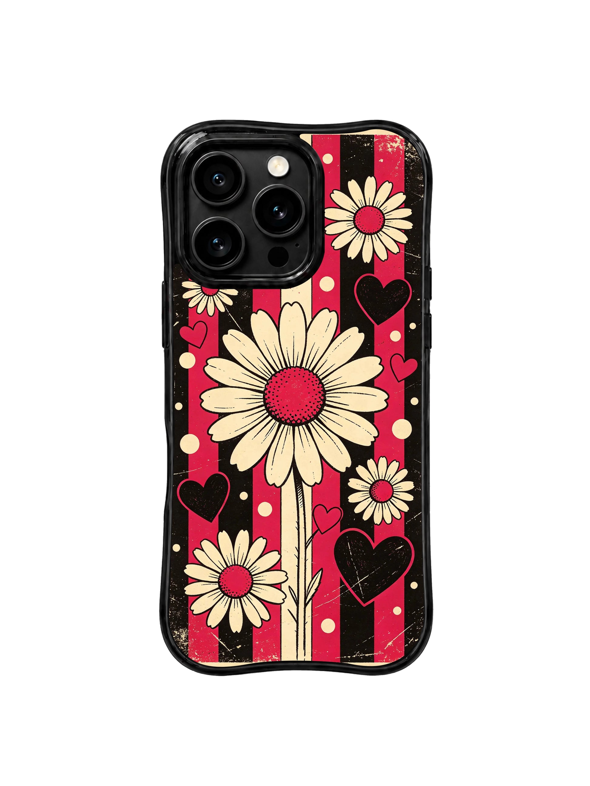 PhoneCasing iPhone 16 pro Case featuring deep moody matte black vintage grunge backdrop layered worn cherry red vertical stripes and rhythm spaced cream block-print daisies from Ruby Daze Black Cherry Daisy Beat, wavy black frame premium art casing for iPhone 16 pro.