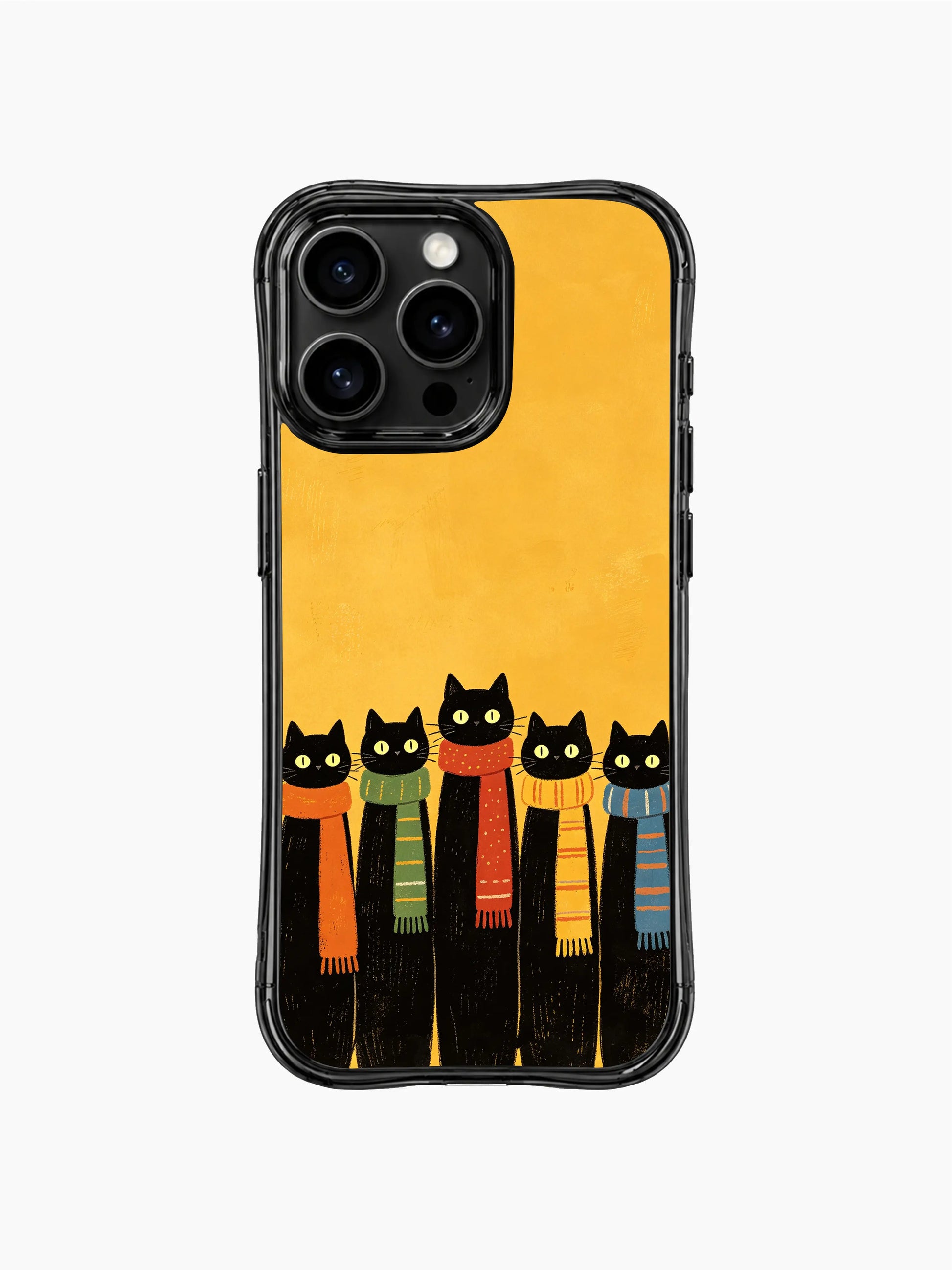 PhoneCasing iPhone 16 Pro Max with Black Feline Winter Team design, five cats in winter scarves standing guard against the golden background.
