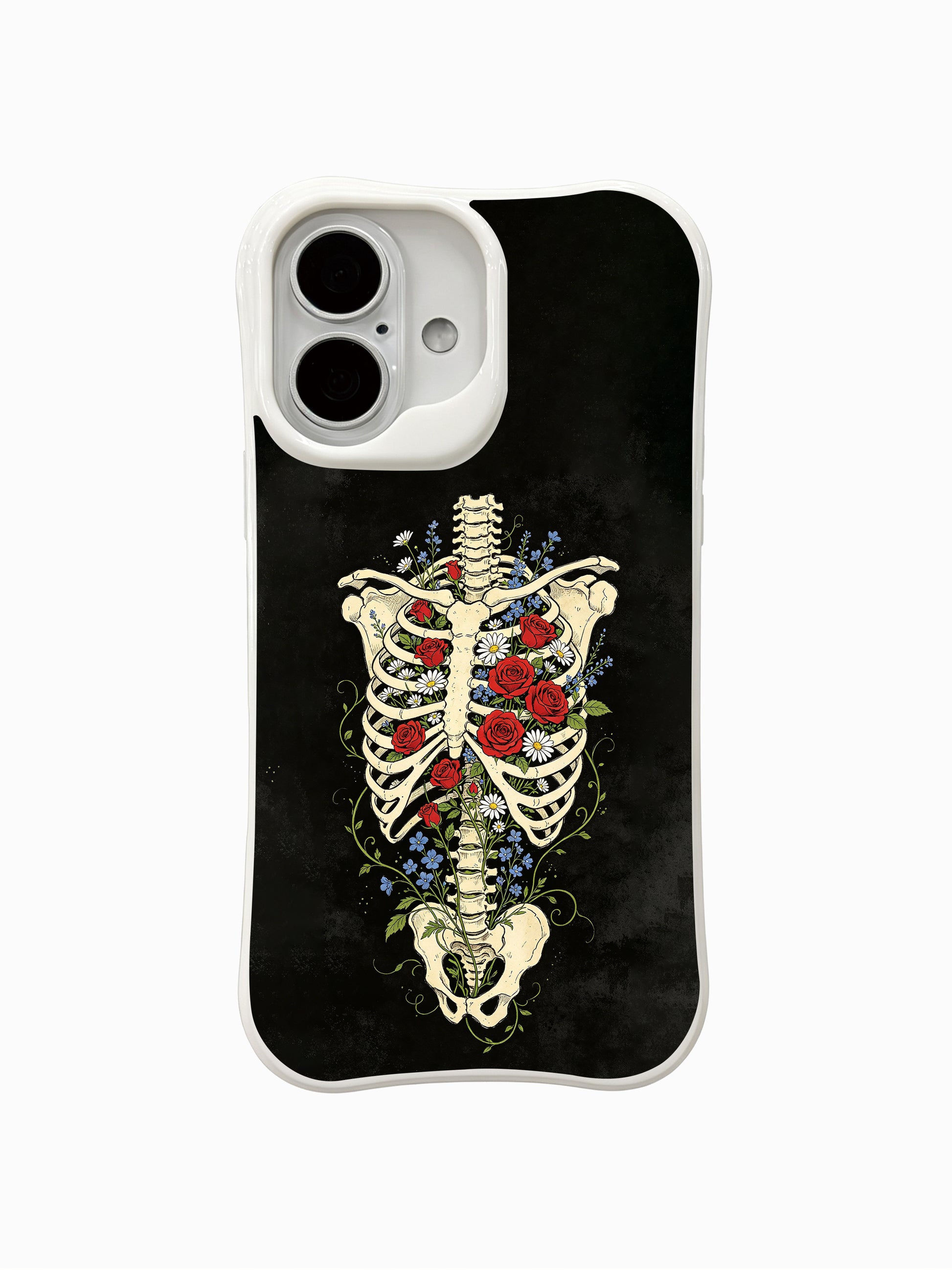 PhoneCasing Black Greenhouse fine art iPhone 16 Case, original Morrigan Vale traditional old-school goth tattoo artwork with full torso skeleton filled with red roses, white daisies and tiny blue wildflowers against distressed solid black backdrop, scratch resistant glossy casing crafted in California