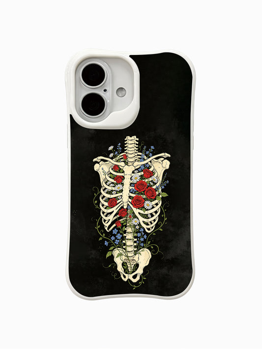 PhoneCasing Black Greenhouse fine art iPhone 16 Case, original Morrigan Vale traditional old-school goth tattoo artwork with full torso skeleton filled with red roses, white daisies and tiny blue wildflowers against distressed solid black backdrop, scratch resistant glossy casing crafted in California