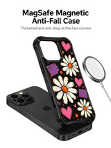 PhoneCasing iPhone 16 pro Case with vintage screen print daisy pattern on black backdrop, exclusive Ruby Daze Midnight Daisy Pulse design, gallery-quality wavy frame casing.