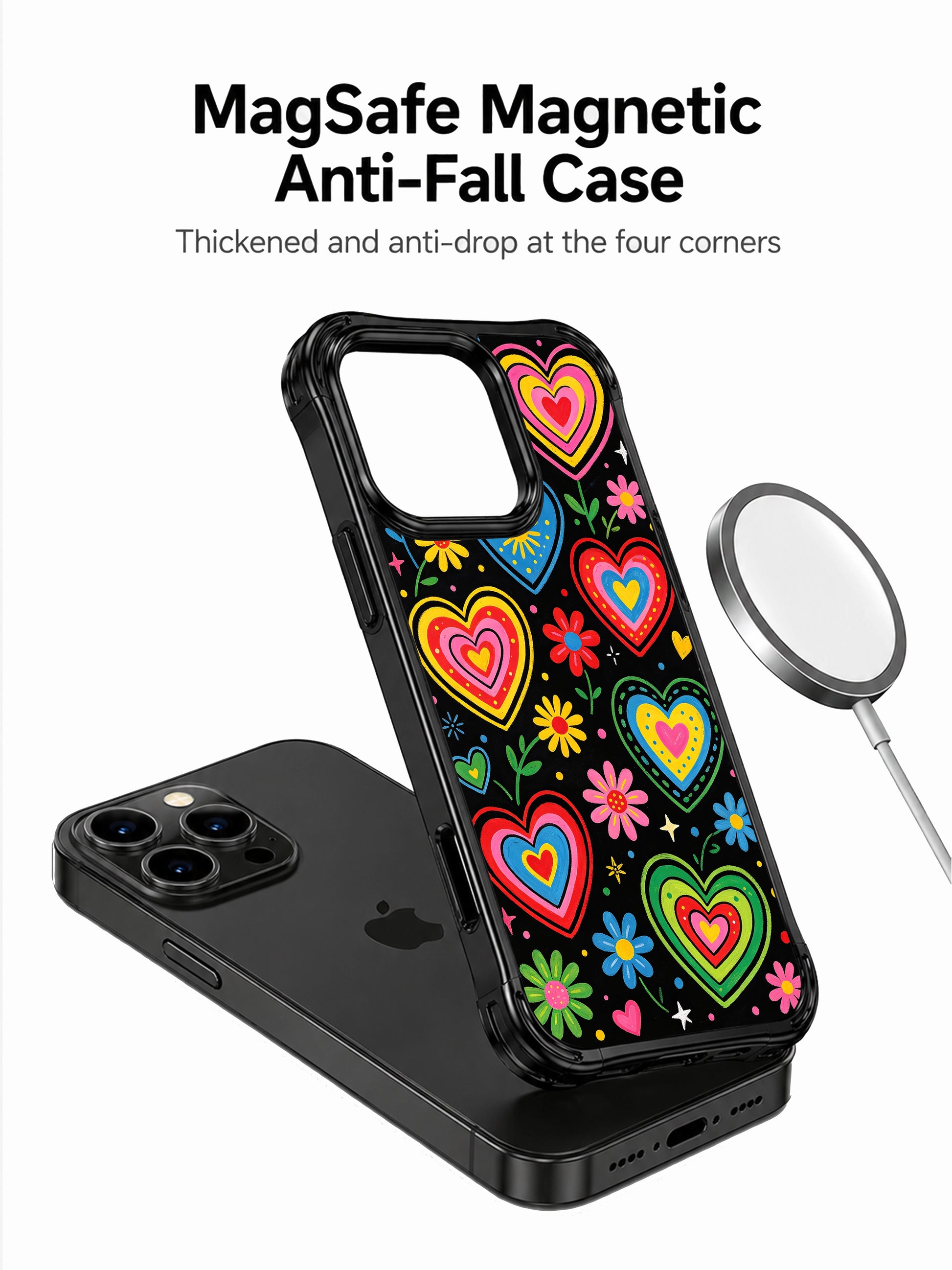 Trendy PhoneCasing iPhone 13 Pro Max case with all-over midnight bloom heart floral sketch, multi-color daisy, tiny star & dot confetti accents, dreamy y2k romantic streetwear casing