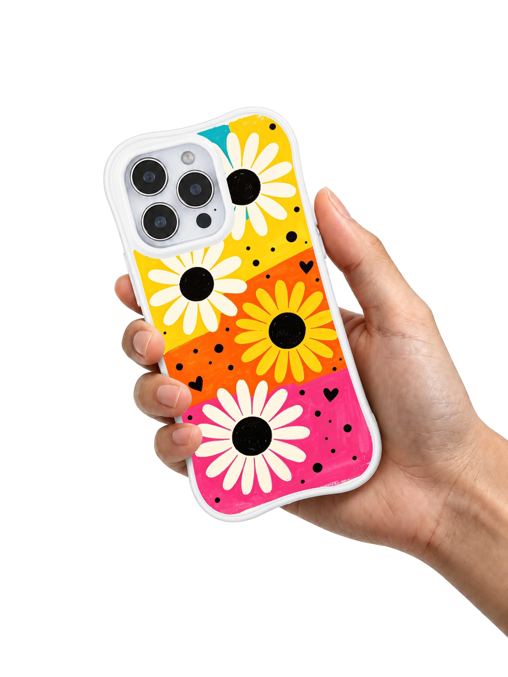 PhoneCasing iPhone 16 pro Case with scattered rock-style black dots and tiny doodle heart accents, part of Ruby Daze’s Candy Riot Daisies Collection, fade-resistant wavy art casing.