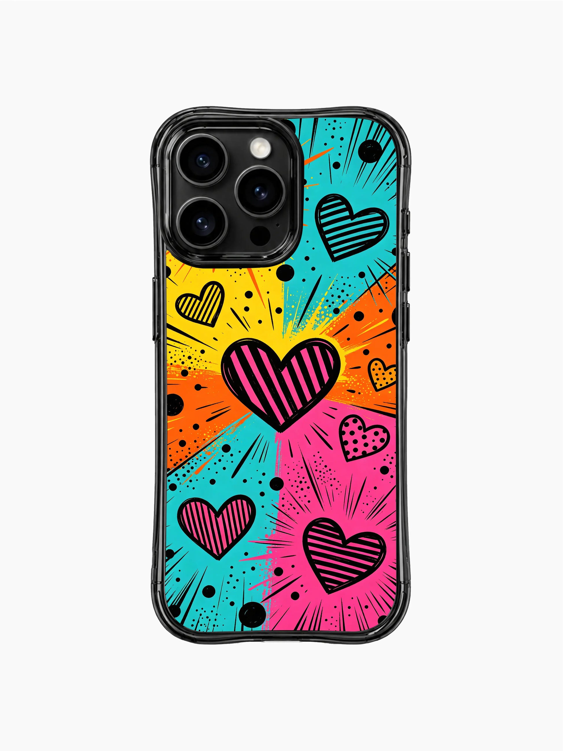 PhoneCasing iPhone 13 Pro Max casing scattered solid black ink speckle dots across neon comic burst panels, layered multi-size striped and dotted hearts, energetic unapologetic love vibe phone case.