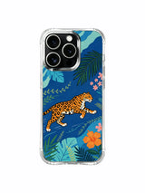 Distinct spotted orange jaguar framed by ocean-curved tropical canopy foliage iPhone 13 pro Case by PhoneCasing, assorted sunset-hued hibiscus & tiny wildflower illustrated phone cover, UV-printed premium shockproof protective casing