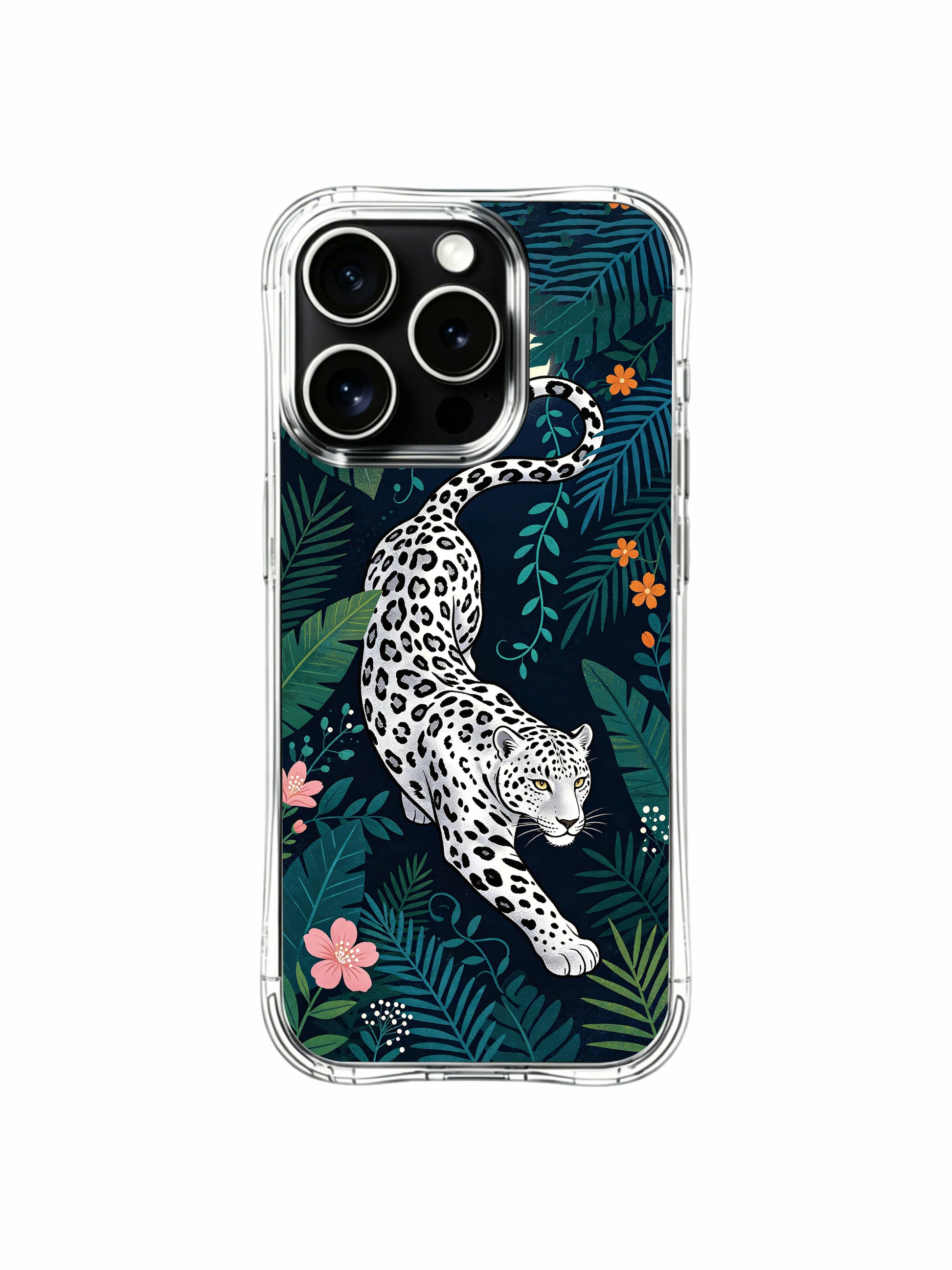 Contrast black spot silver fur jungle leopard artwork iPhone 13 pro Case from PhoneCasing, ultra-thin transparent iPhone 13 pro casing with dense dark green palm foliage, sophisticated cold-tone art phone cover.