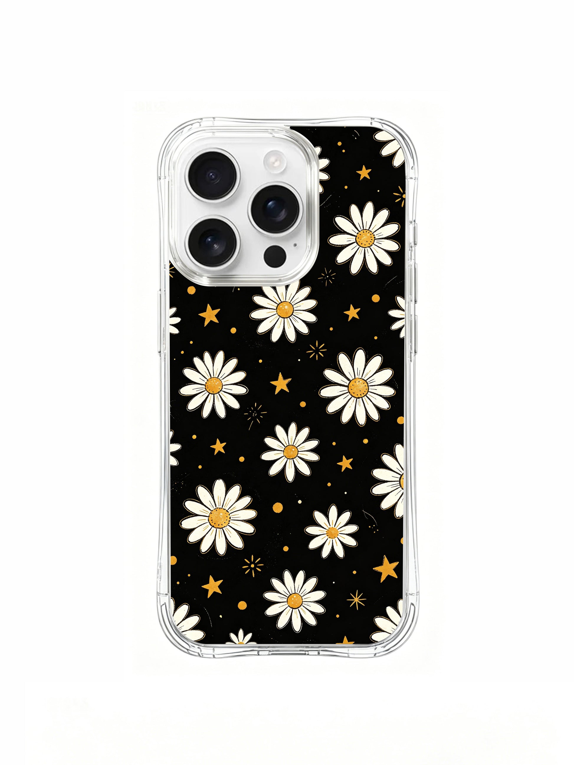 PhoneCasing iPhone 16 Pro Max Case featuring the Black Star Daisies design by artist Daisy Vale, white blooms with golden stars scattered across a mysterious black background.