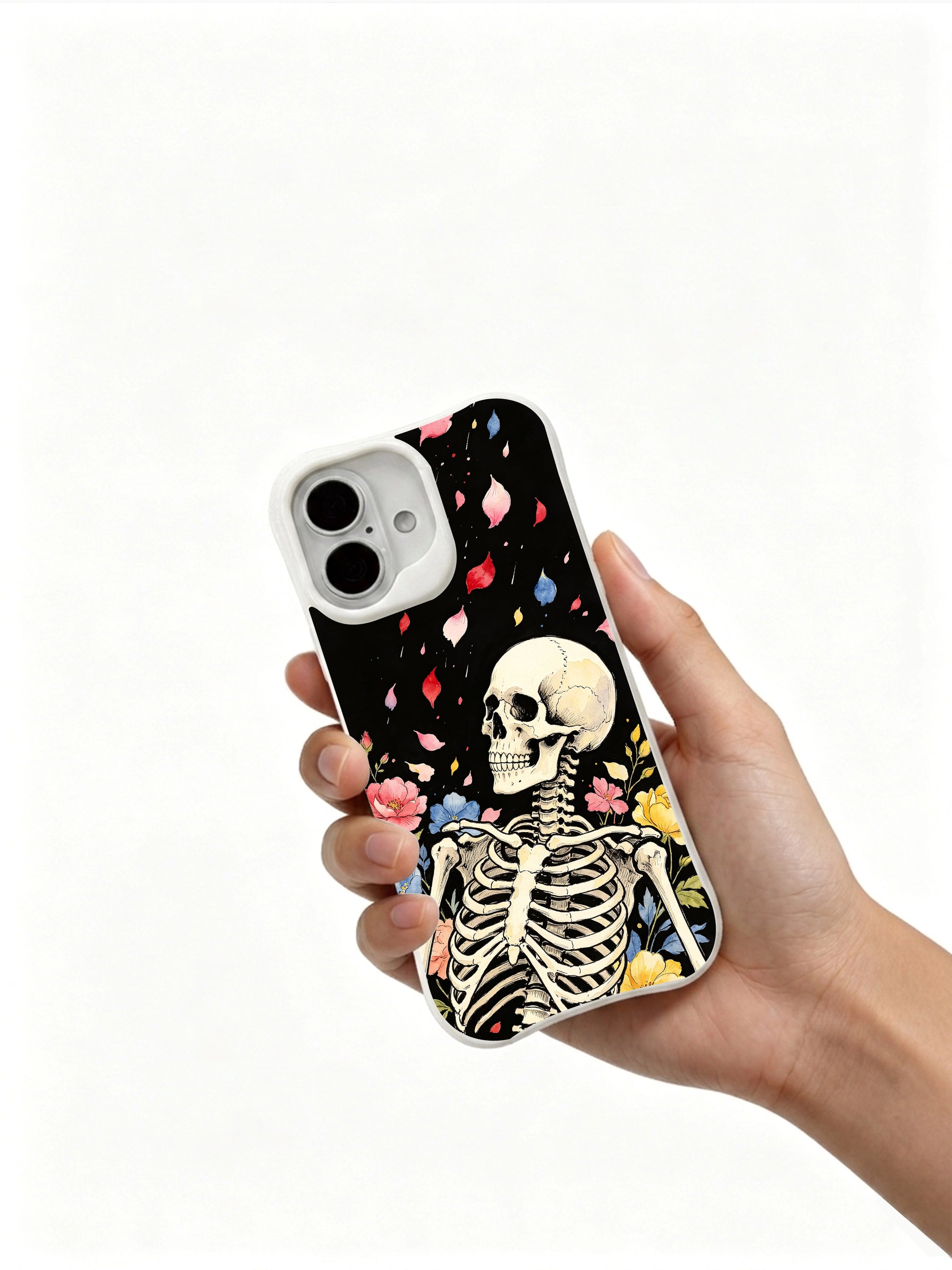 PhoneCasing vintage black texture Night Petal Rain side skull floral iPhone 16 Case, limited-edition Morrigan Vale wearable art, MagSafe compatible slim scratch-proof iPhone 16 cover