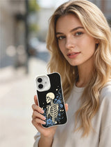 PhoneCasing black textured sky-blue wildflower skeleton iPhone 16 Case, classic American traditional tattoo print, stain resistant glossy long-lasting iPhone 16 casing