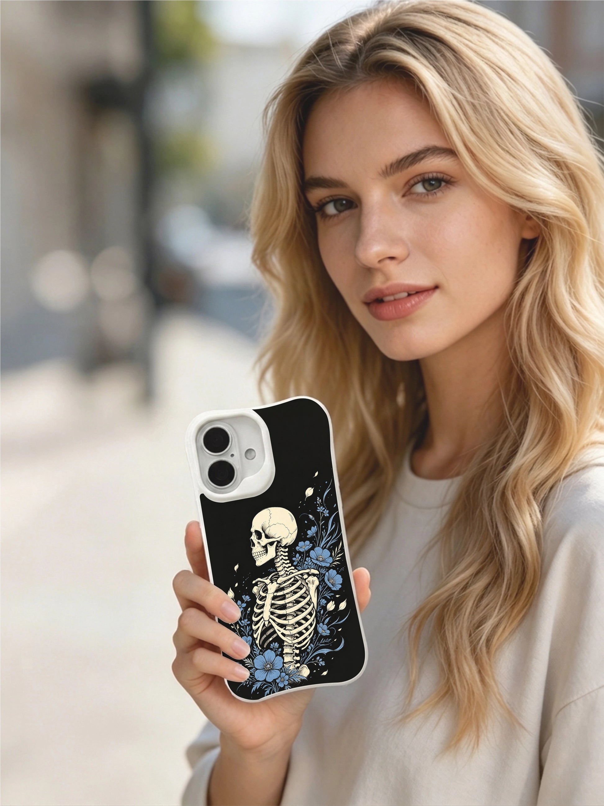 PhoneCasing black textured sky-blue wildflower skeleton iPhone 16 Case, classic American traditional tattoo print, stain resistant glossy long-lasting iPhone 16 casing