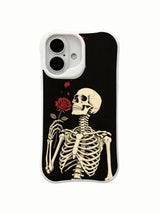 PhoneCasing black textured midnight red rose skeleton iPhone 16 Case, classic American traditional tattoo print, stain resistant glossy long-lasting iPhone 16 casing