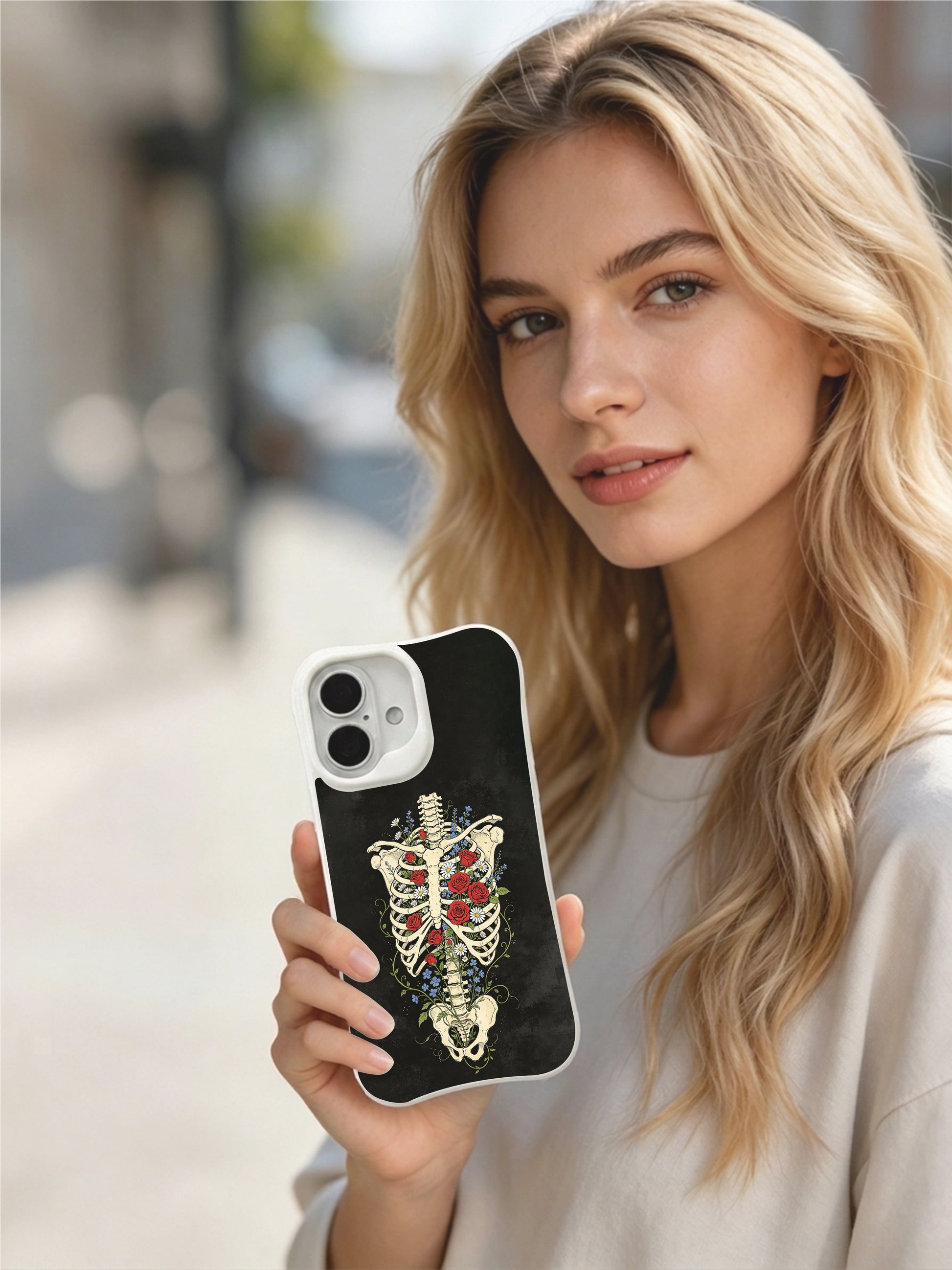 PhoneCasing black textured multi-color wildflower rib skeleton iPhone 16 Case, classic American traditional tattoo print, stain resistant glossy long-lasting iPhone 16 casing