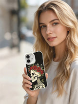 PhoneCasing black textured night rose crown skeleton iPhone 16 Case, classic American traditional tattoo print, stain resistant glossy long-lasting iPhone 16 casing