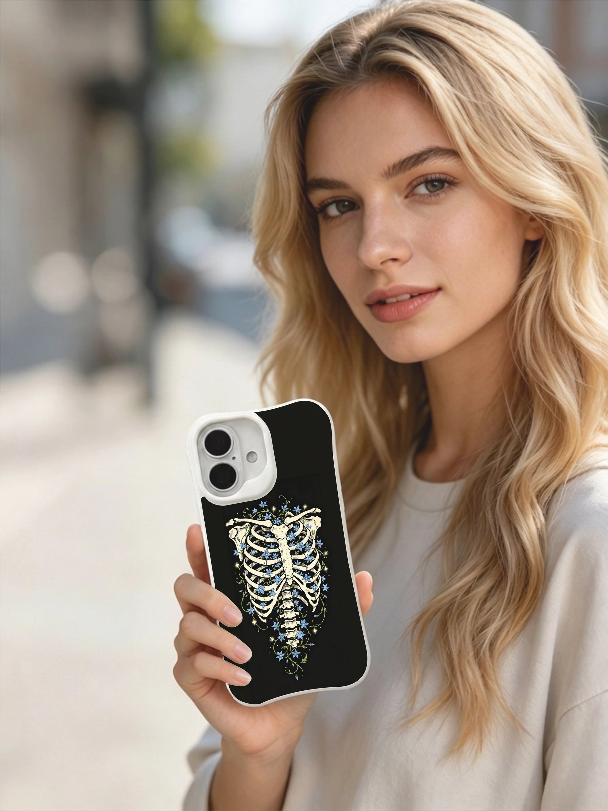 PhoneCasing black textured star blue flower rib skeleton iPhone 16 Case, classic American traditional tattoo print, stain resistant glossy long-lasting iPhone 16 casing
