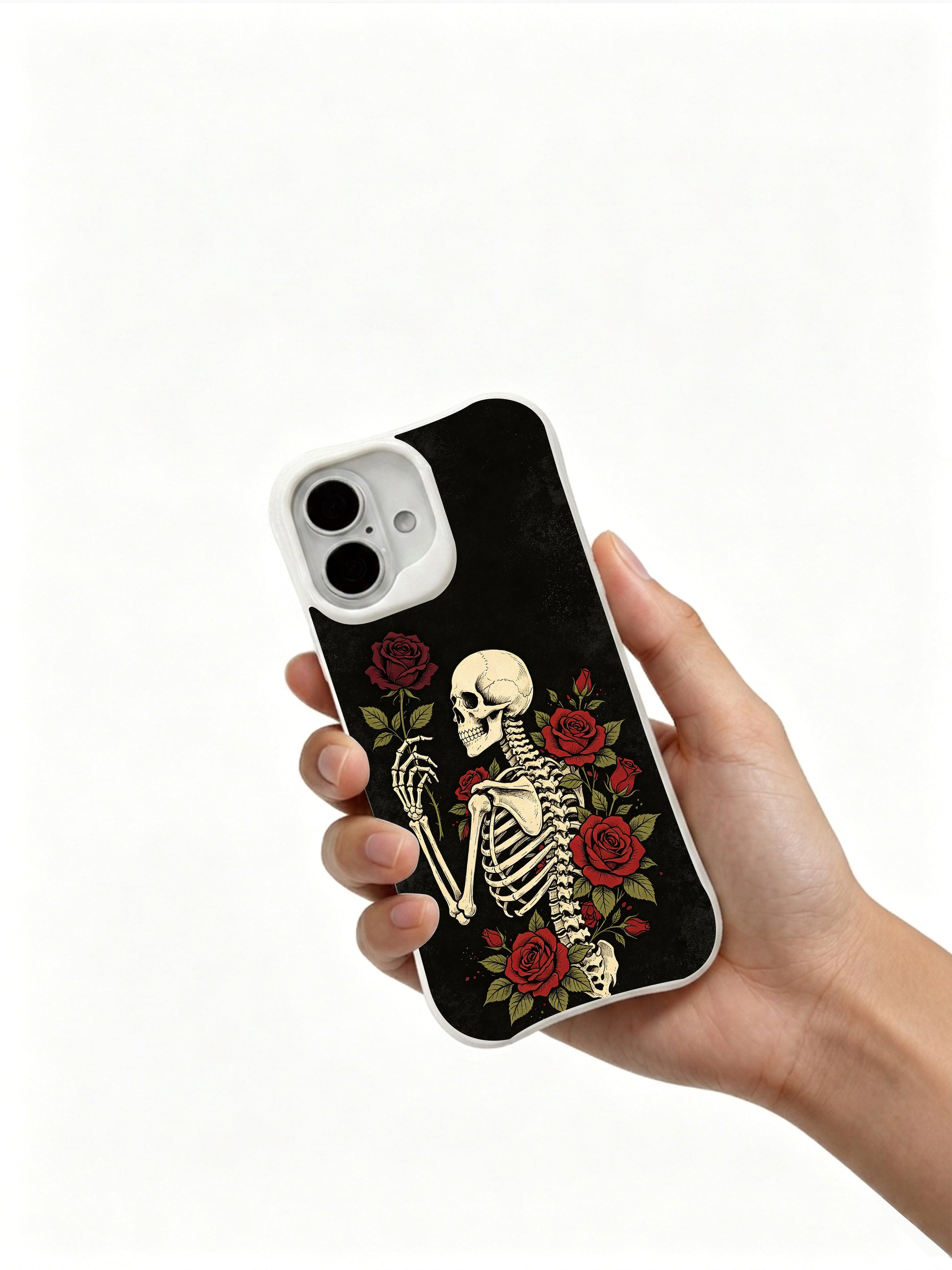 PhoneCasing vintage black wash Black Rose Oath rib floral iPhone 16 Case, limited-edition Morrigan Vale wearable art, MagSafe compatible slim scratch-proof iPhone 16 cover