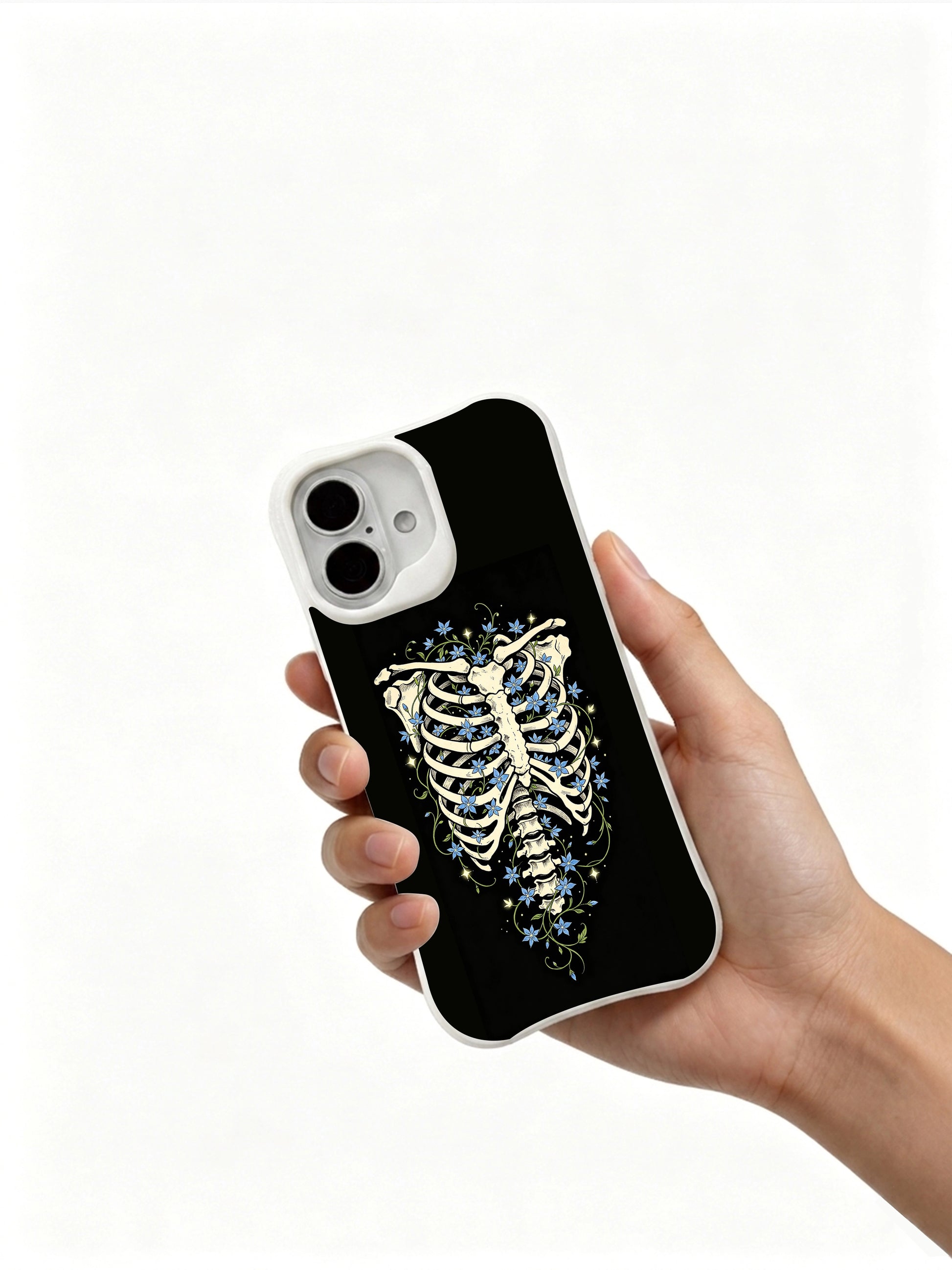 PhoneCasing vintage black wash Star Blossom In Bone rib floral iPhone 16 Case, limited-edition Morrigan Vale wearable art, MagSafe compatible slim scratch-proof iPhone 16 cover