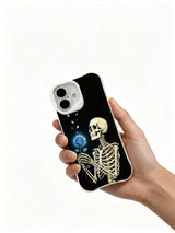 PhoneCasing vintage black wash Luminous Blue Rose side skull floral iPhone 16 Case, limited-edition Morrigan Vale wearable art, MagSafe compatible slim scratch-proof iPhone 16 cover