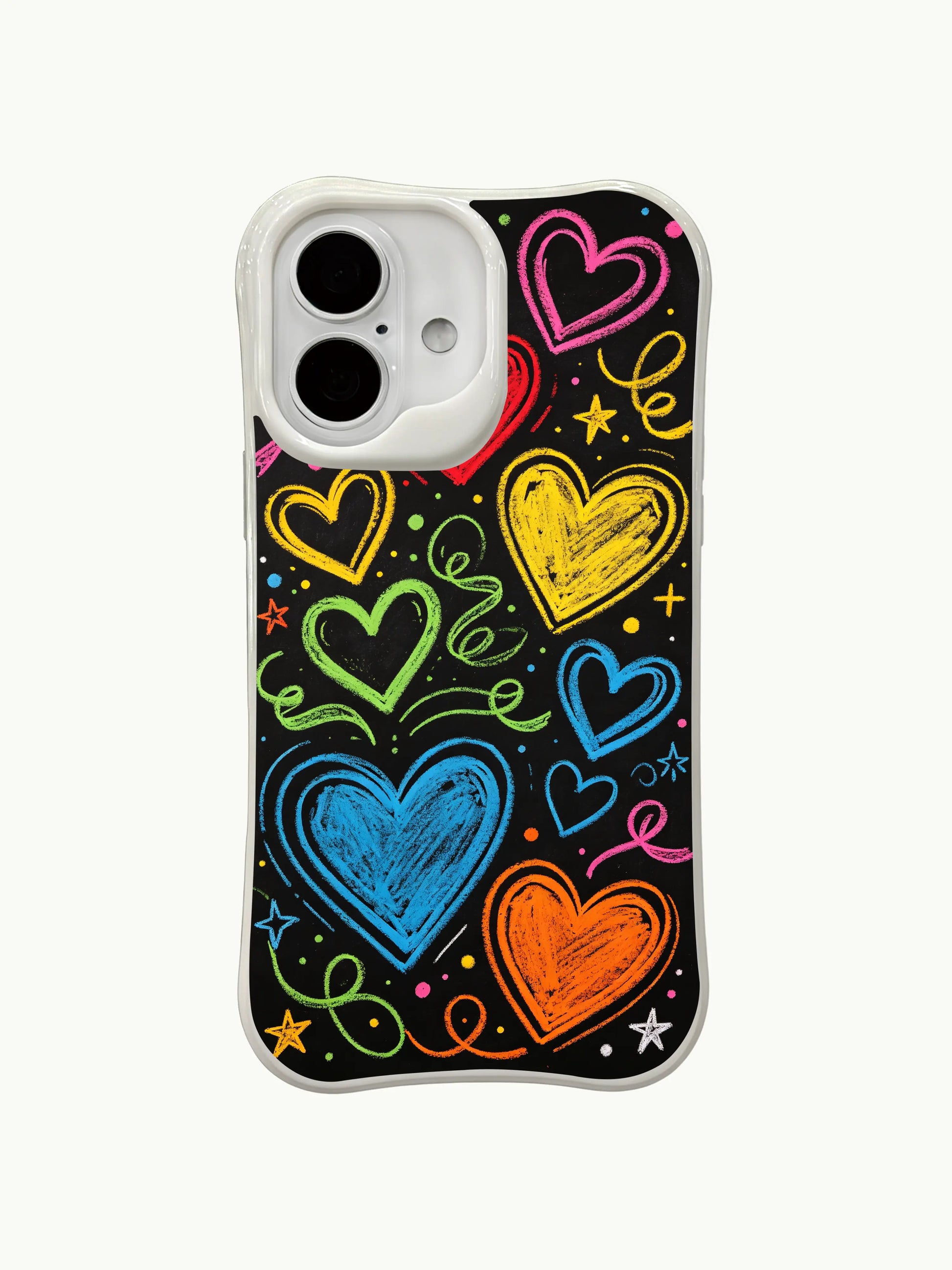 PhoneCasing Blackboard Neon Hearts Case for iPhone 16 Plus, a vibrant iPhone 16 plus casing with chalk hearts and party-inspired details.