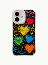 PhoneCasing Blackboard Party Hearts Case for iPhone 16 Plus, a whimsical iPhone 16 plus casing with neon chalk hearts and ribbon doodles.
