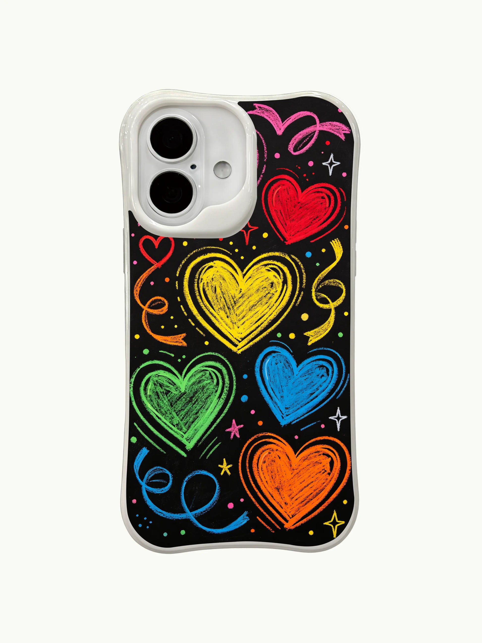 PhoneCasing Blackboard Party Hearts Case for iPhone 16 Plus, a whimsical iPhone 16 plus casing with neon chalk hearts and ribbon doodles.