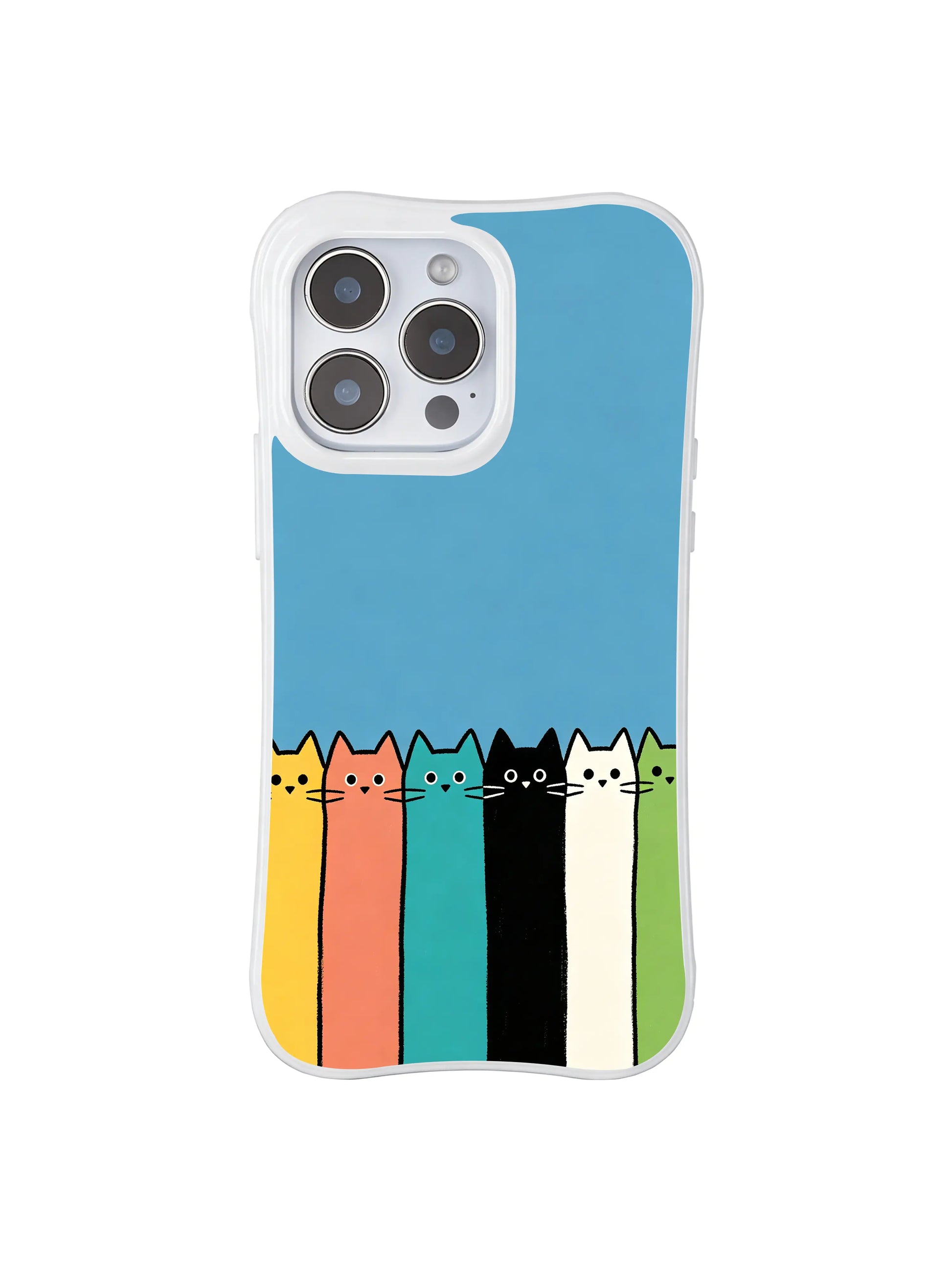 PhoneCasing iPhone 16 Pro Max with Block Color Feline Lineup art, minimalist kitties forming a casual queue on a solid blue background.