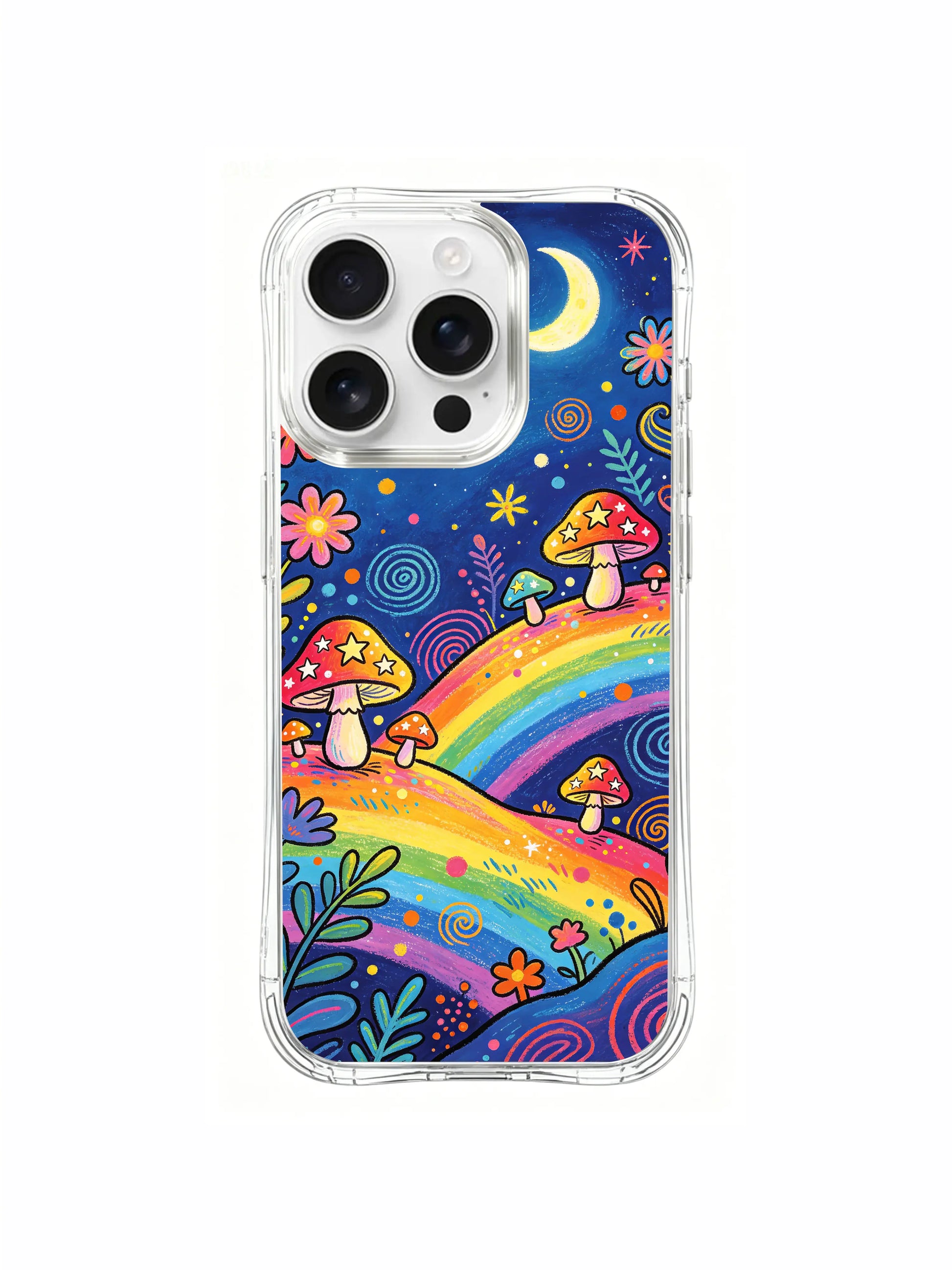 PhoneCasing iPhone 16 pro max Case, dreamy hippie folk casing with full flower clusters tucked between mushroom stalks, warm star-flecked navy sky hovering above star-harvest amanita hills, scratch-resistant limited-edition collab iPhone 16 pro max casing.