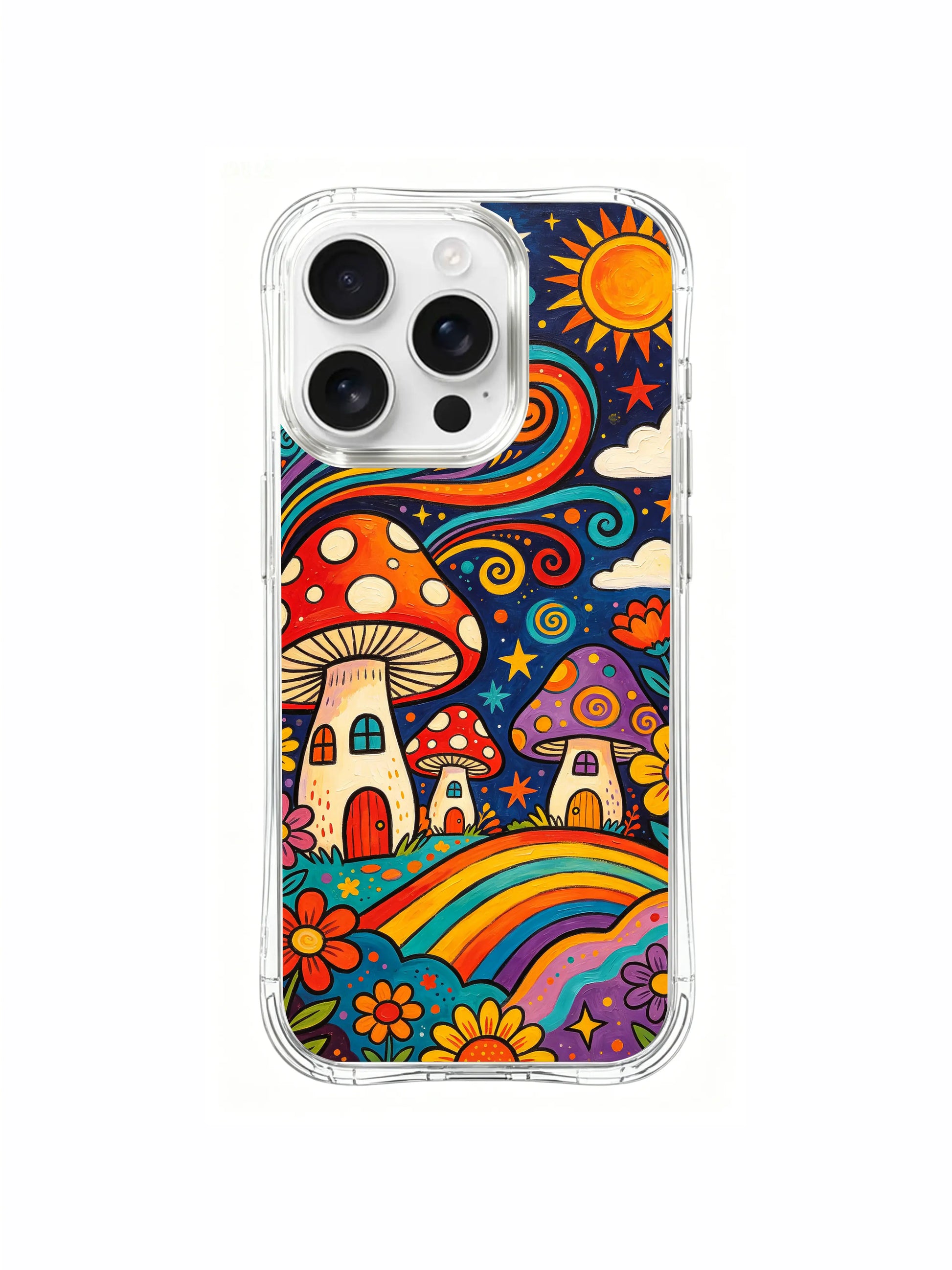 PhoneCasing iPhone 16 pro max Case, dreamy hippie folk casing with full flower clusters tucked between mushroom cottage trunks, warm star-dotted orange sky hovering above rotating-cap windmill homes, scratch-resistant limited-edition collab iPhone 16 pro max casing.